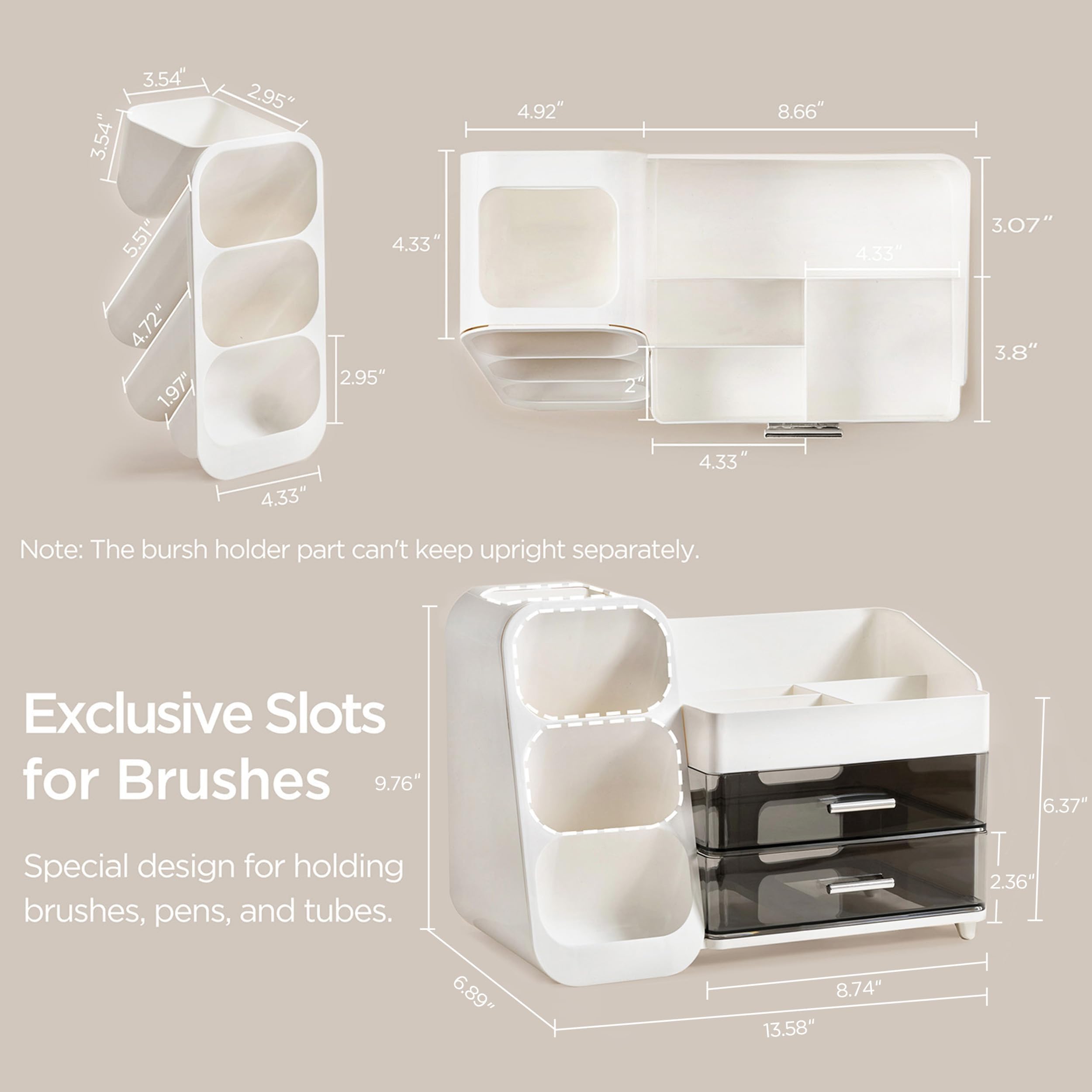 HBlife Makeup Organizer with Brush Holder for Vanity, Large Plastic Bathroom Countertop Organizer Skin Care Storage, Easy to Store Lipsticks, Nail Polishes, Perfumes, Eyeshadow Palettes, All Beige
