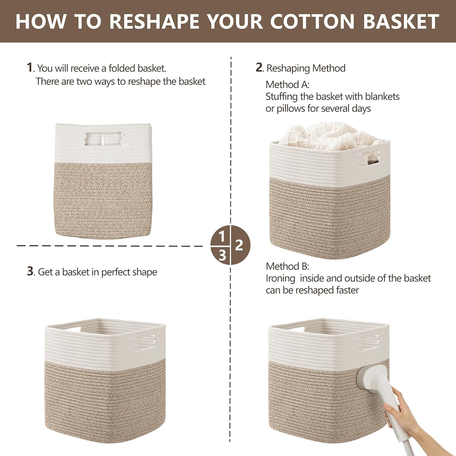 HBlife Set of 4 Storage Cubes-11 X 10.5 X 10.5 In, Cotton Rope Basket for Shelves, Toys, Book, Cube Storage Bin with Handles, Woven Storage Basket for Organizing, Beige