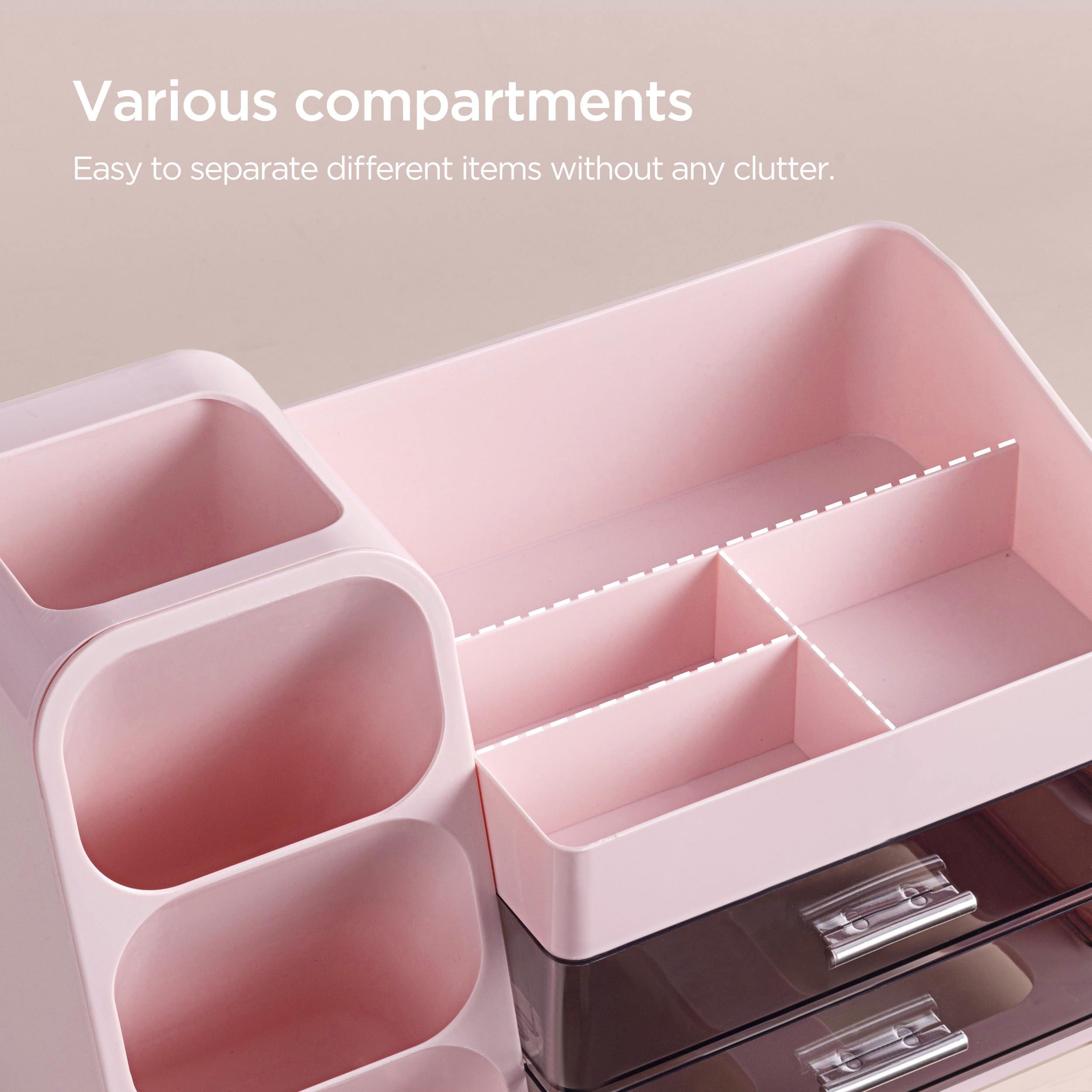 HBlife Desk Organizer with Pen Pencil Holder for Desk, Pen Organizer with 2 Drawers, Desk Organizers and Accessories with 4 Compartments, Desktop Storage for Office Home School Art Supplies, Beige