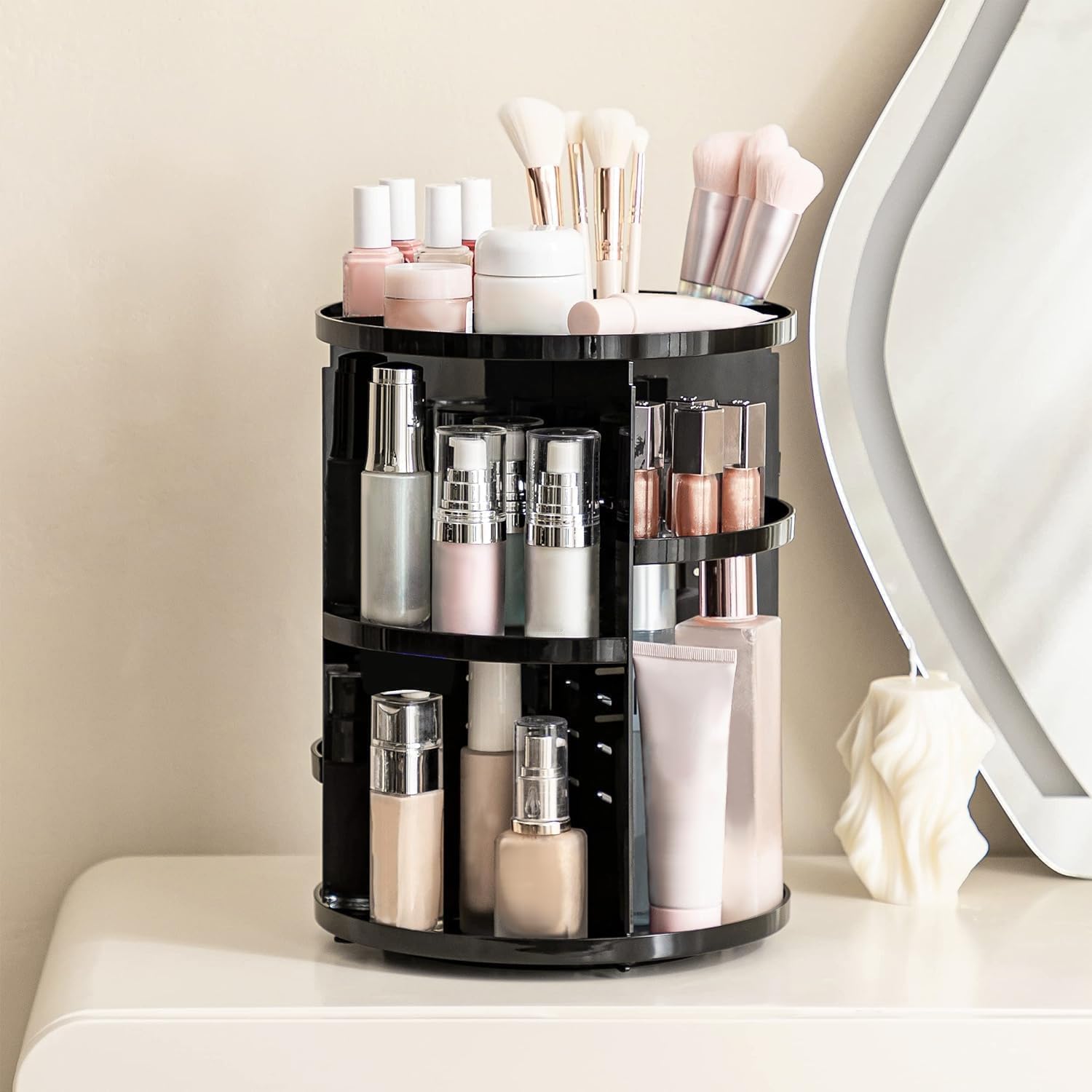 HBlife Extra Large 360 Rotating Makeup Organizer Adjustable Carousel Large Capacity Revolving Perfume Organizer Skincare Organizers Cosmetic Storage Spinning Holder for Vanity, Black