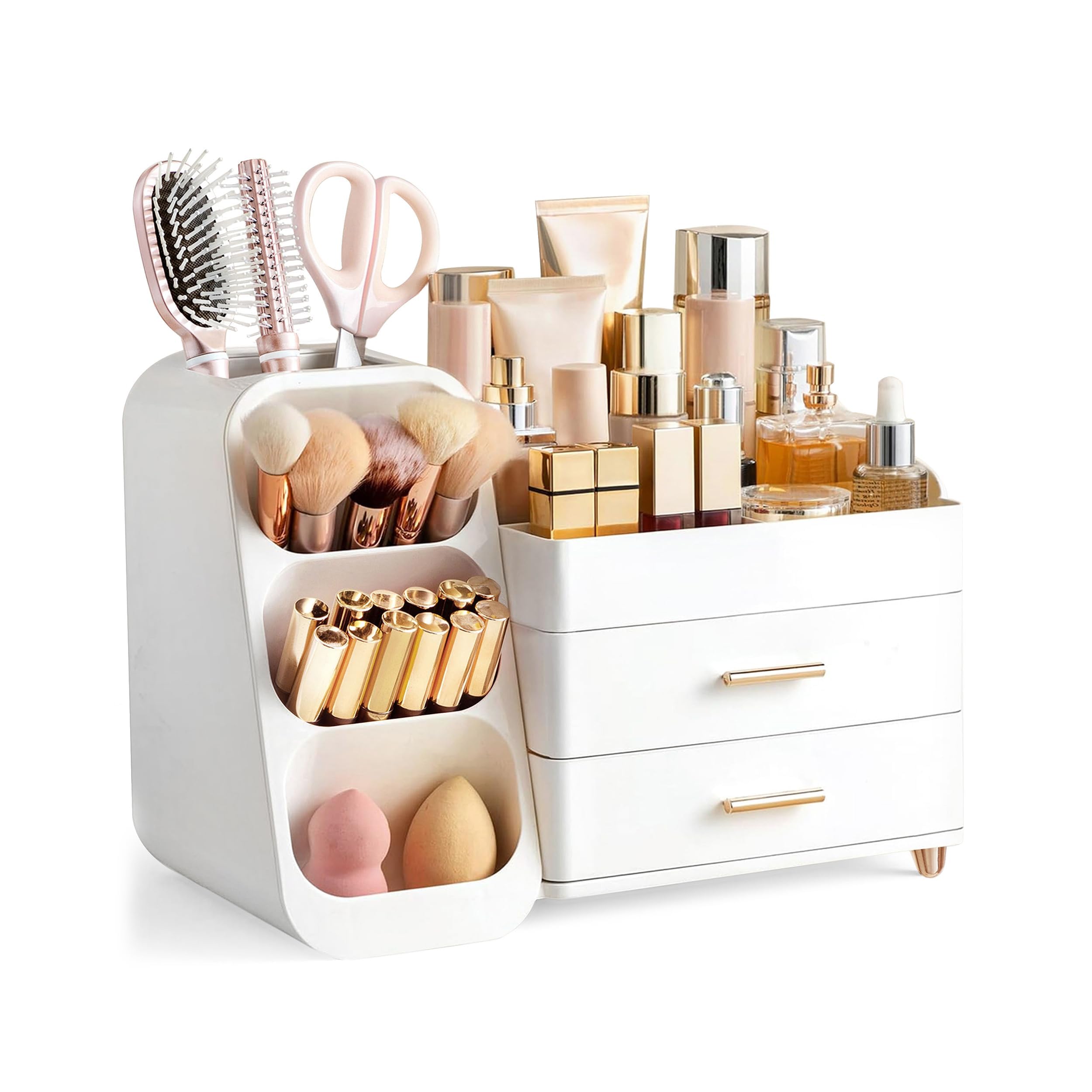 HBlife Makeup Organizer with Brush Holder for Vanity, Large Plastic Bathroom Countertop Organizer Skin Care Storage, Easy to Store Lipsticks, Nail Polishes, Perfumes, Eyeshadow Palettes, All Beige