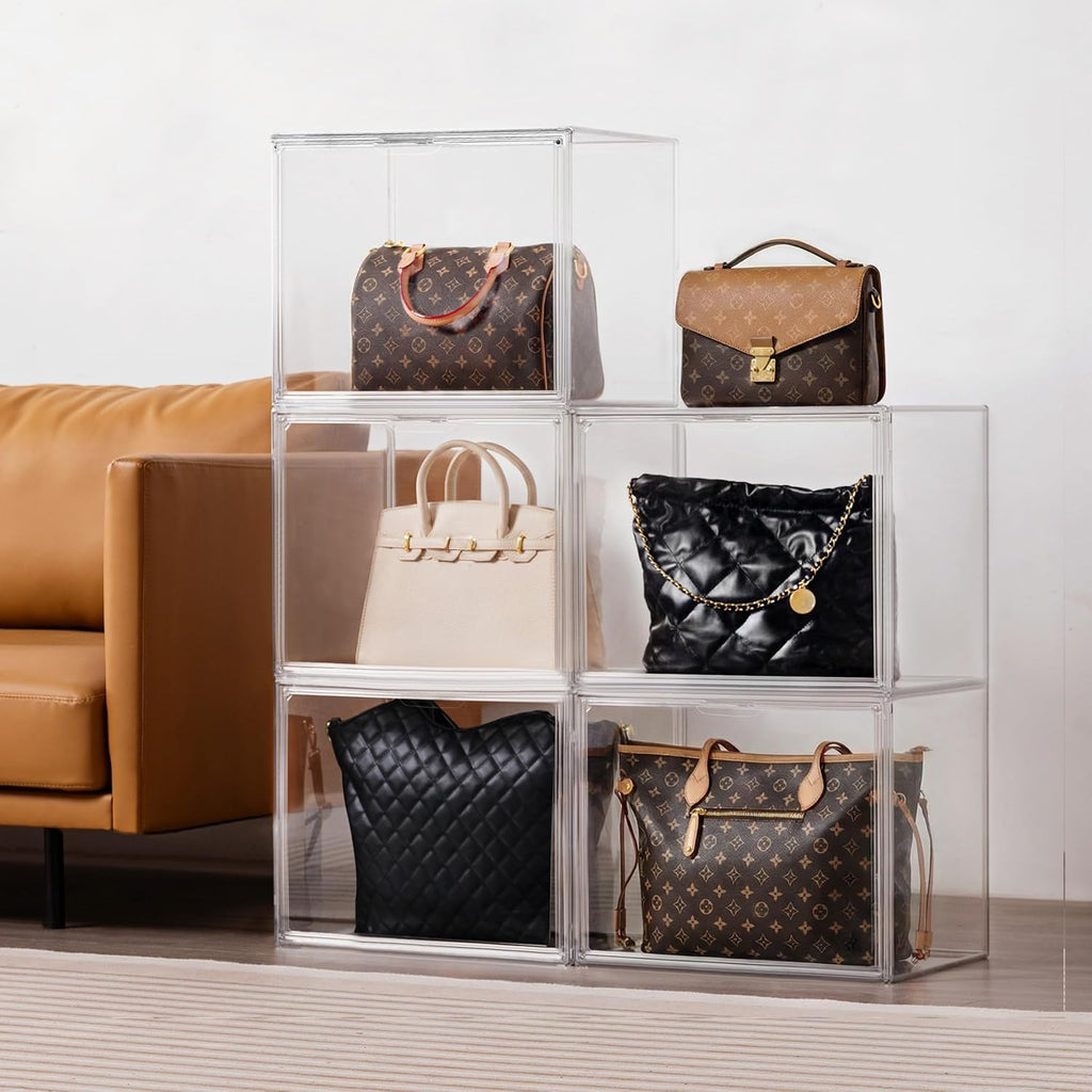 HBlife 10 Pack Purse Storage Organizer for Closet, Large Clear Stackable Handbag Display Case Box with Magnetic Door for Collectibles, Cosmetics, Women Heels and Toys