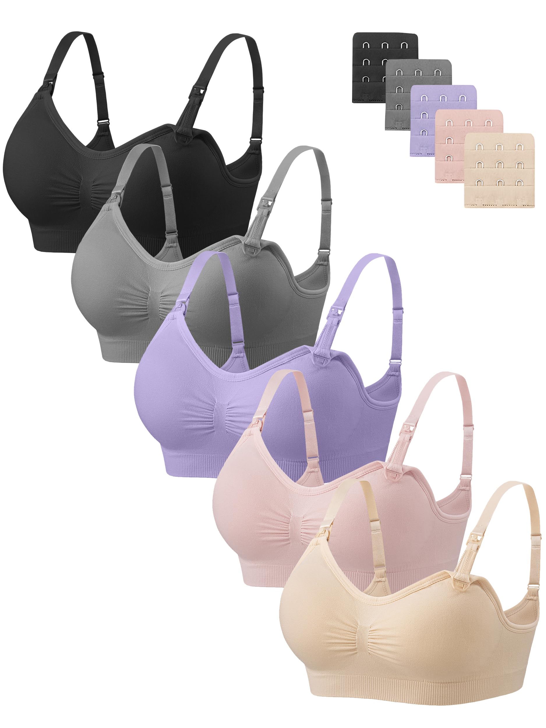 Angelhood Women Nursing Bras for Breastfeeding 5 Pack, Maternity Sleep Bra | Seamless Pregnancy Full Bust Bralettes with Extenders, Wireless V Neck Bralette, Ultra Comfort Postpartum Essentials Bra Pack