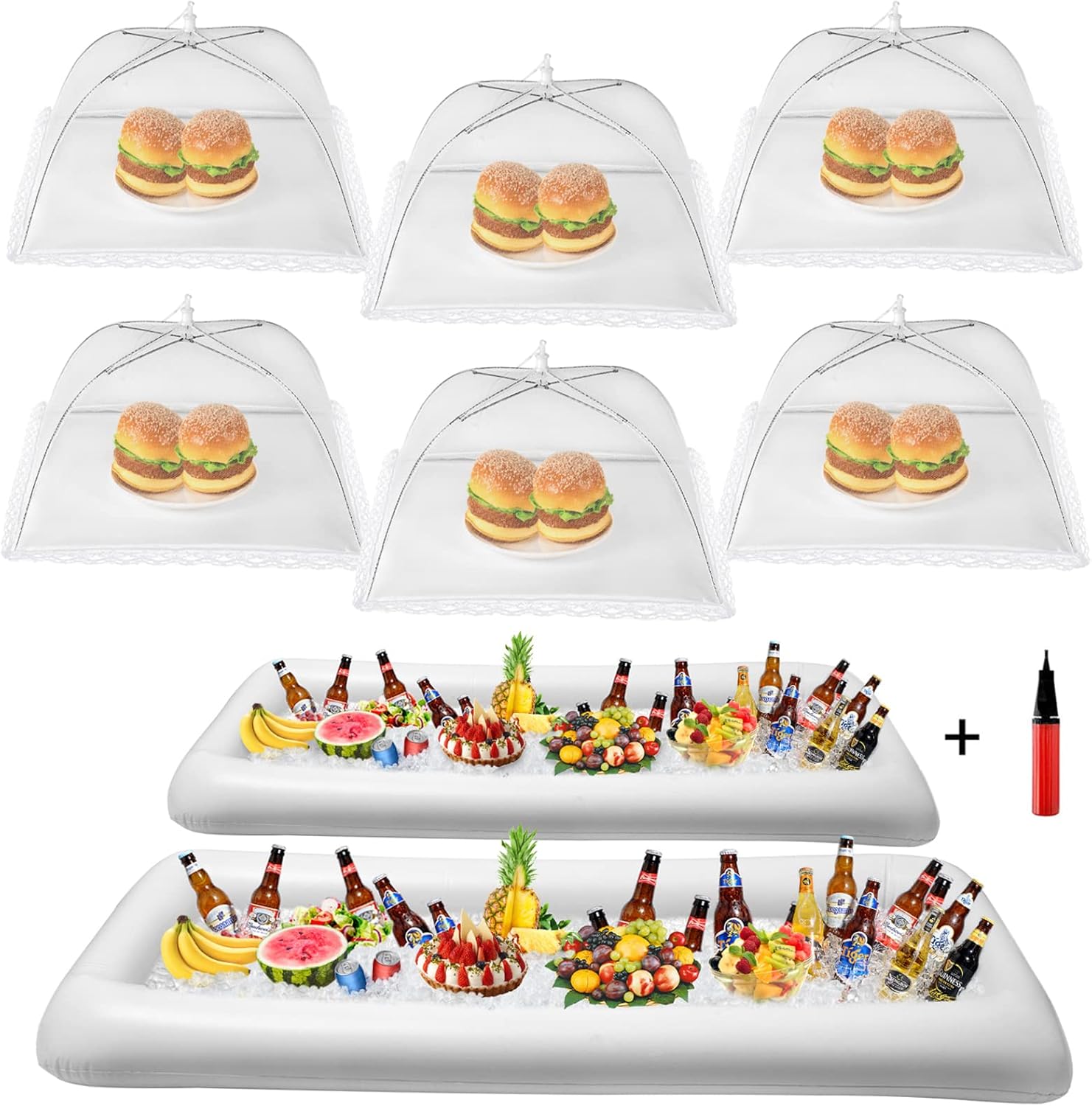 HBlife Inflatable Serving Bar with Jumbo Mesh Food Cover, Party Supplies for Picnics BBQ Gathering, 1 Inflatable Cooler, 1 Large Food Tents Food Covers for Outside