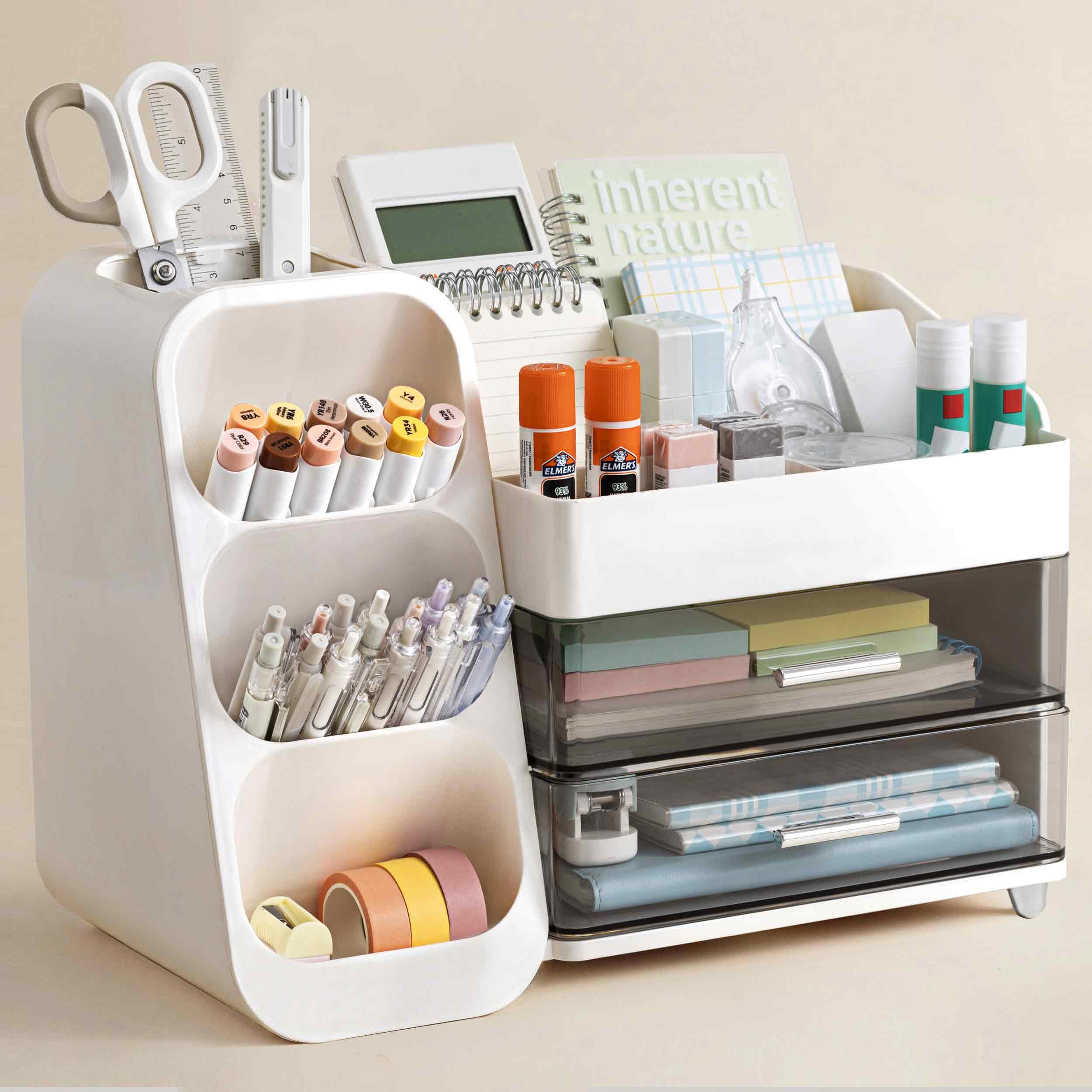 HBlife Desk Organizer with Pen Pencil Holder for Desk, Pen Organizer with 2 Drawers, Desk Organizers and Accessories with 4 Compartments, Desktop Storage for Office Home School Art Supplies, Beige