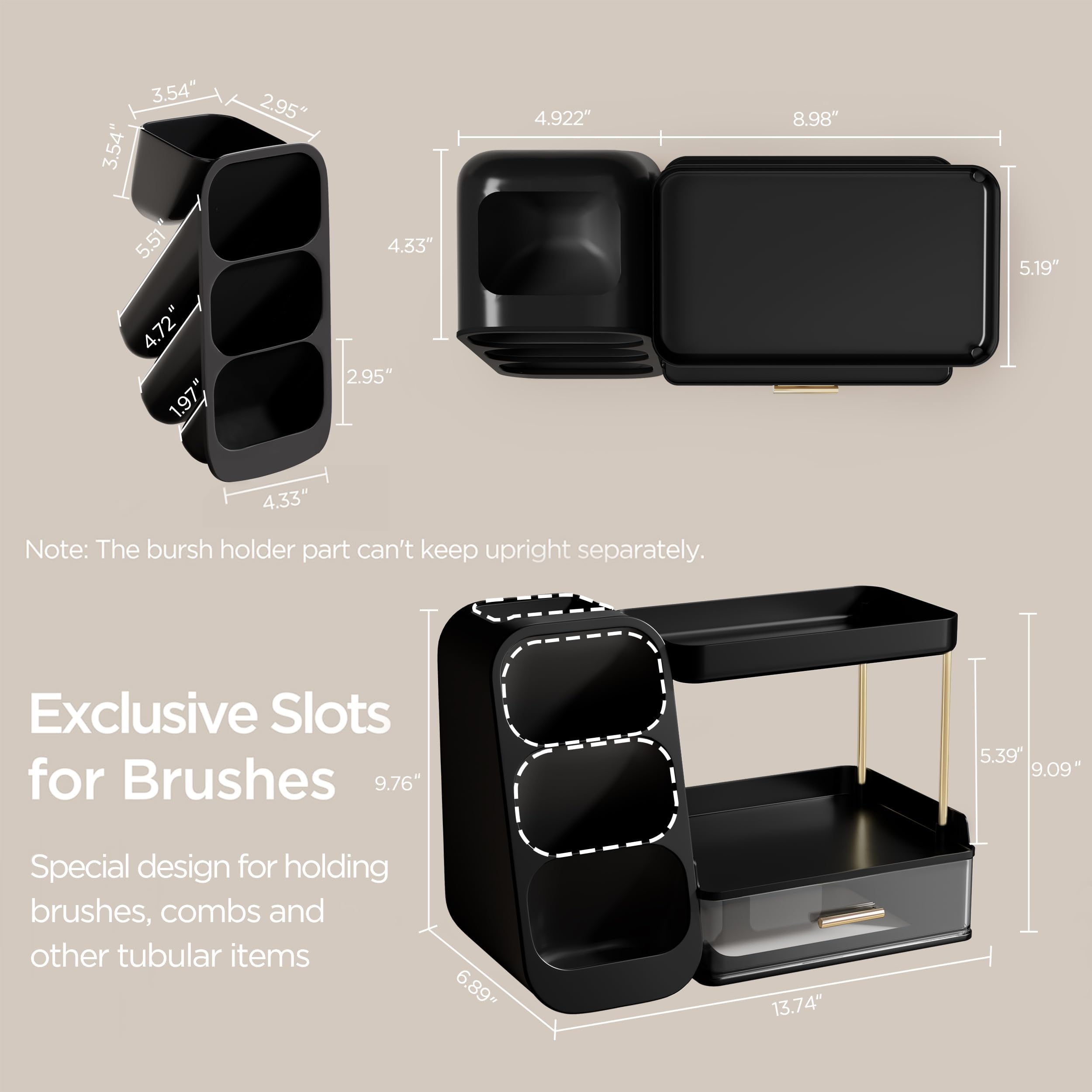HBlife Makeup Organizer with Brush Holder for Vanity, Large Plastic Bathroom Countertop Organizer Skin Care Storage, Easy to Store Lipsticks, Nail Polishes, Perfumes, Eyeshadow Palettes, All Beige