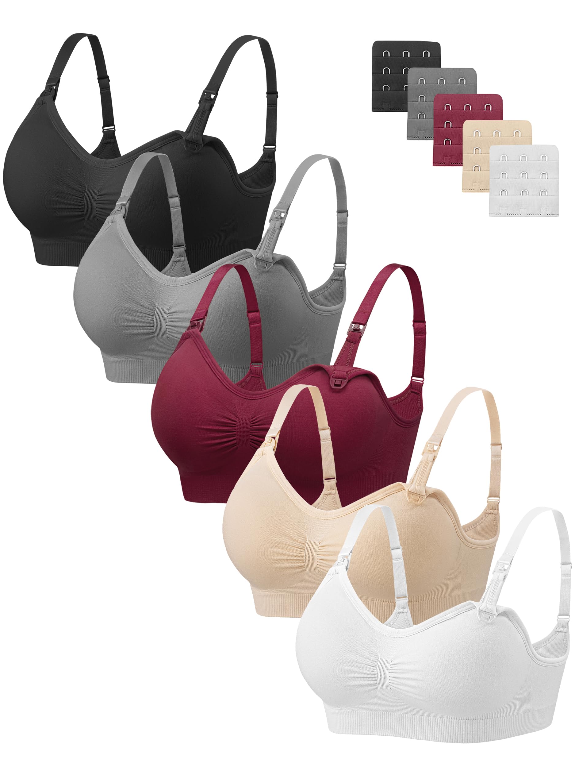 Angelhood Women Nursing Bras for Breastfeeding 5 Pack, Maternity Sleep Bra | Seamless Pregnancy Full Bust Bralettes with Extenders, Wireless V Neck Bralette, Ultra Comfort Postpartum Essentials Bra Pack