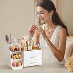 HBlife Makeup Organizer with Brush Holder for Vanity, Large Plastic Bathroom Countertop Organizer Skin Care Storage, Easy to Store Lipsticks, Nail Polishes, Perfumes, Eyeshadow Palettes, All Beige