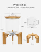 HBlife 5-7 Lbs Glass Rice Dispenser with Wooden Stand Flour and Cereal Container with Glass Measuring Cup Pantry Food Organization Storage Bin with Airtight Bamboo Lid, 3L