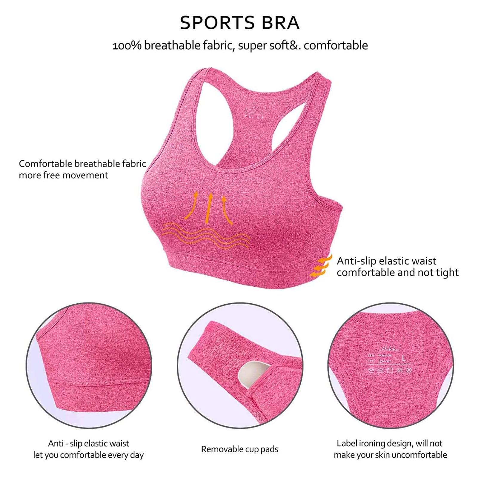 HBlife Sports Bras for Women, Seamless Racerback Bra with Removable Padded, Medium Support Bra for Yoga Workout Fitness