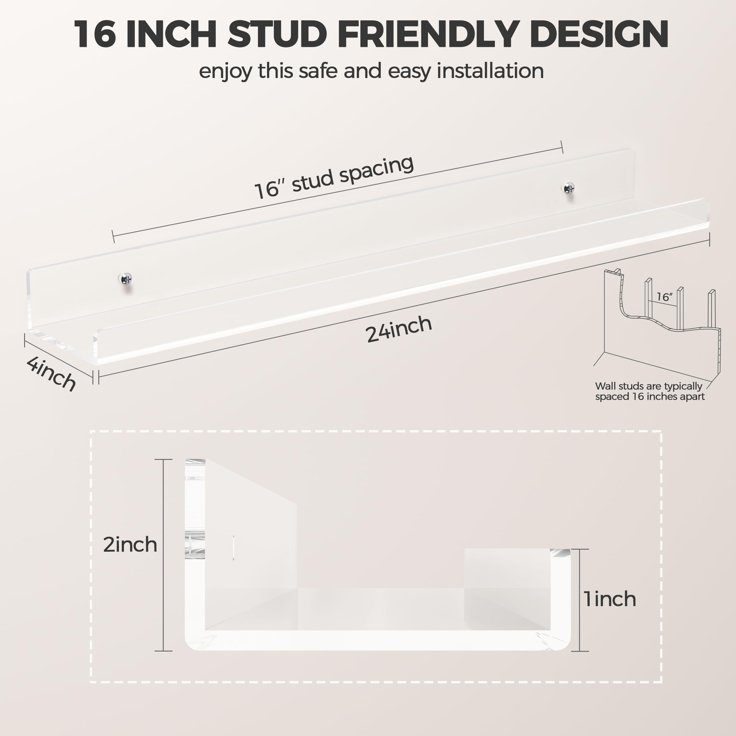 HBlife 24 Inches Floating Shelves Wall Mounted Clear Acrylic Shelves for Figures, 16 Inch Stud Spacing Invisible Floating Bookshelf for Kids and Nursery, 2 Pack (5MM Thick)