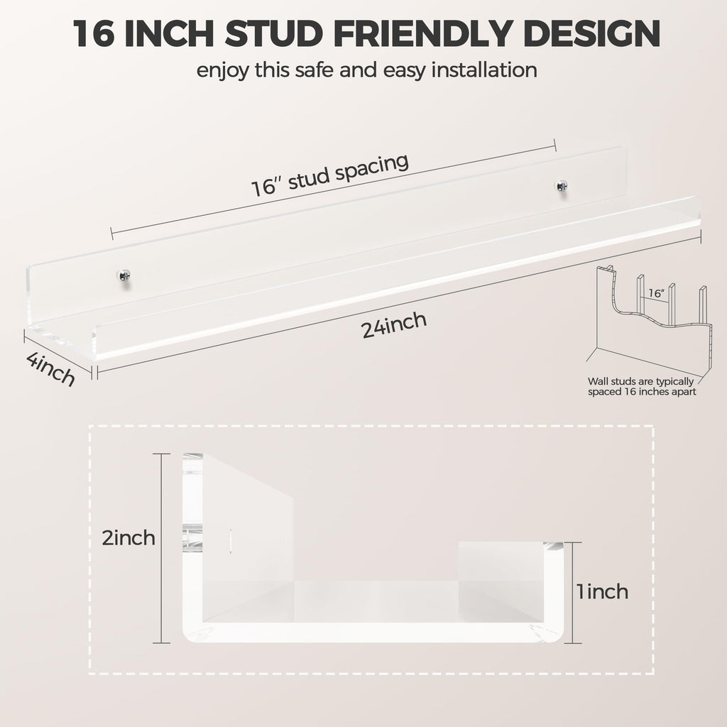 HBlife 24 Inches Floating Shelves Wall Mounted Clear Acrylic Shelves for Figures, 16 Inch Stud Spacing Invisible Floating Bookshelf for Kids and Nursery, 2 Pack (5MM Thick)
