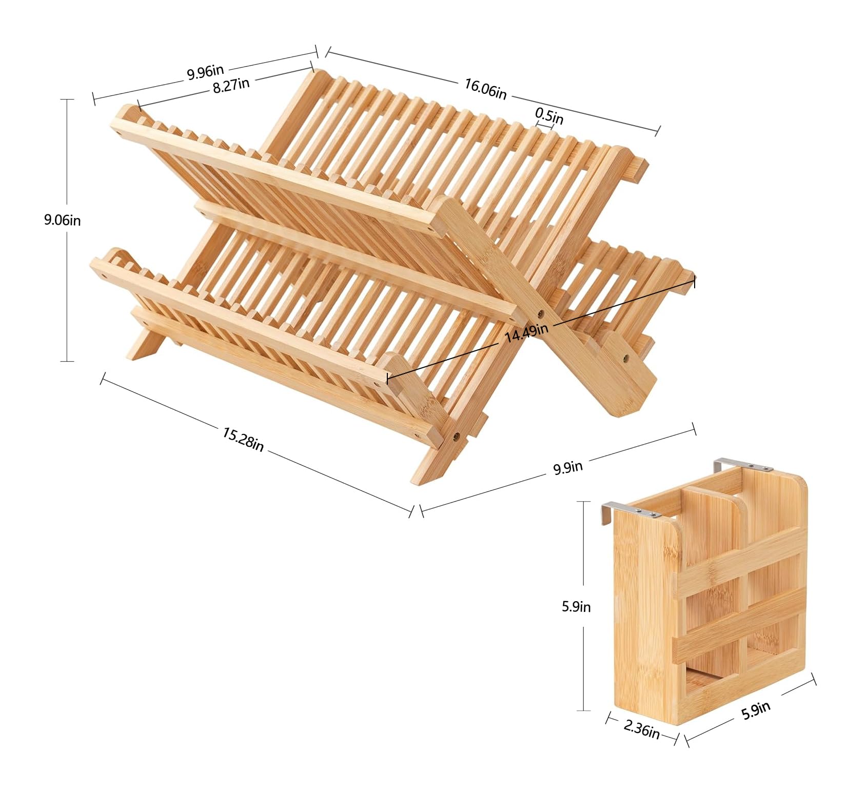 HBlife Dish Rack, Bamboo Folding 2-Tier Collapsible Drainer Dish Drying Rack with Utensils Flatware Holder Set (Dish Rack with Utensil Holder)