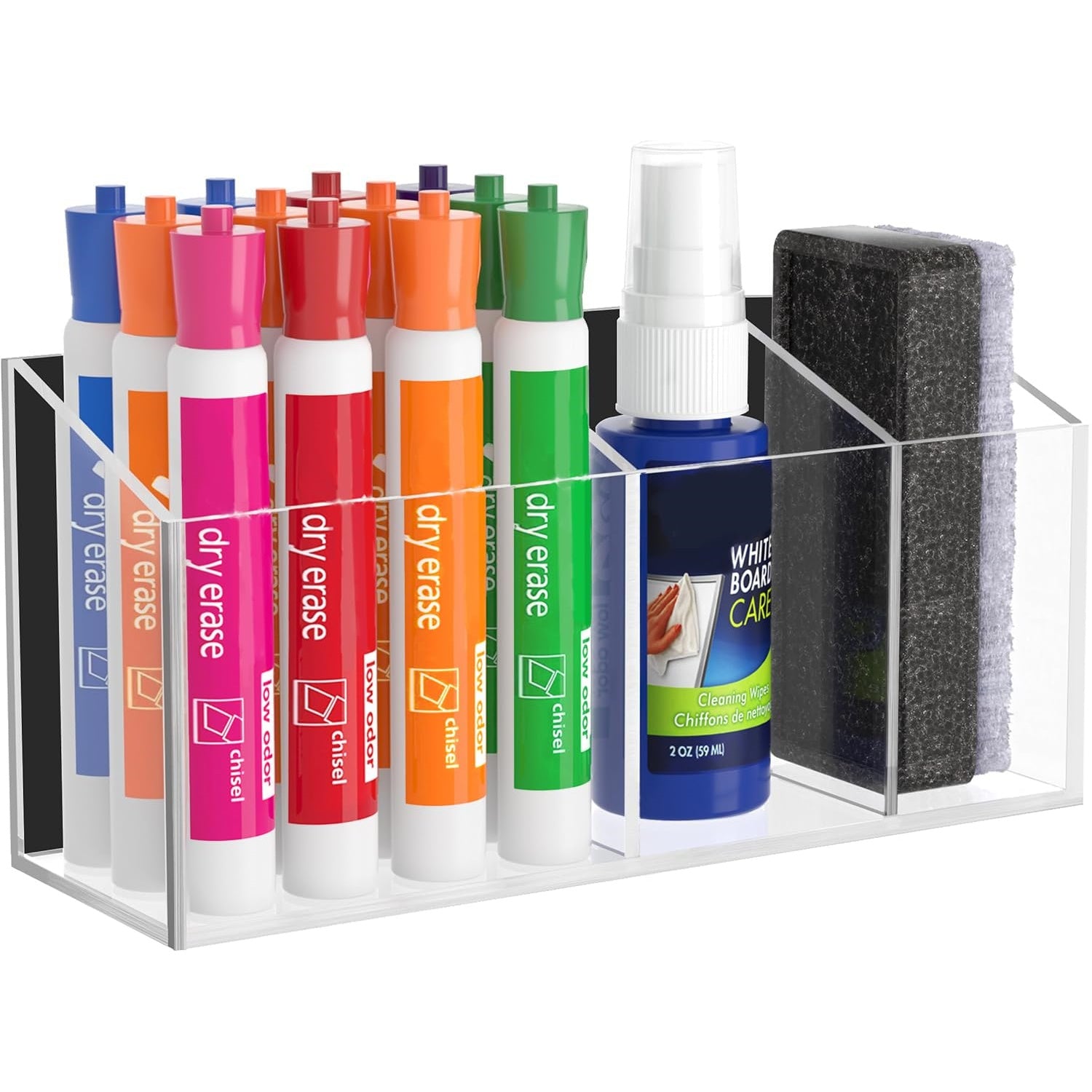 HBlife Magnetic Dry Erase Marker Holder for Whiteboard with 2 Compartments, Acrylic Wall Mount Magnet Pen Pencil Holder for Refrigerator, Locker Organizer Accessories for Classroom Office, Black