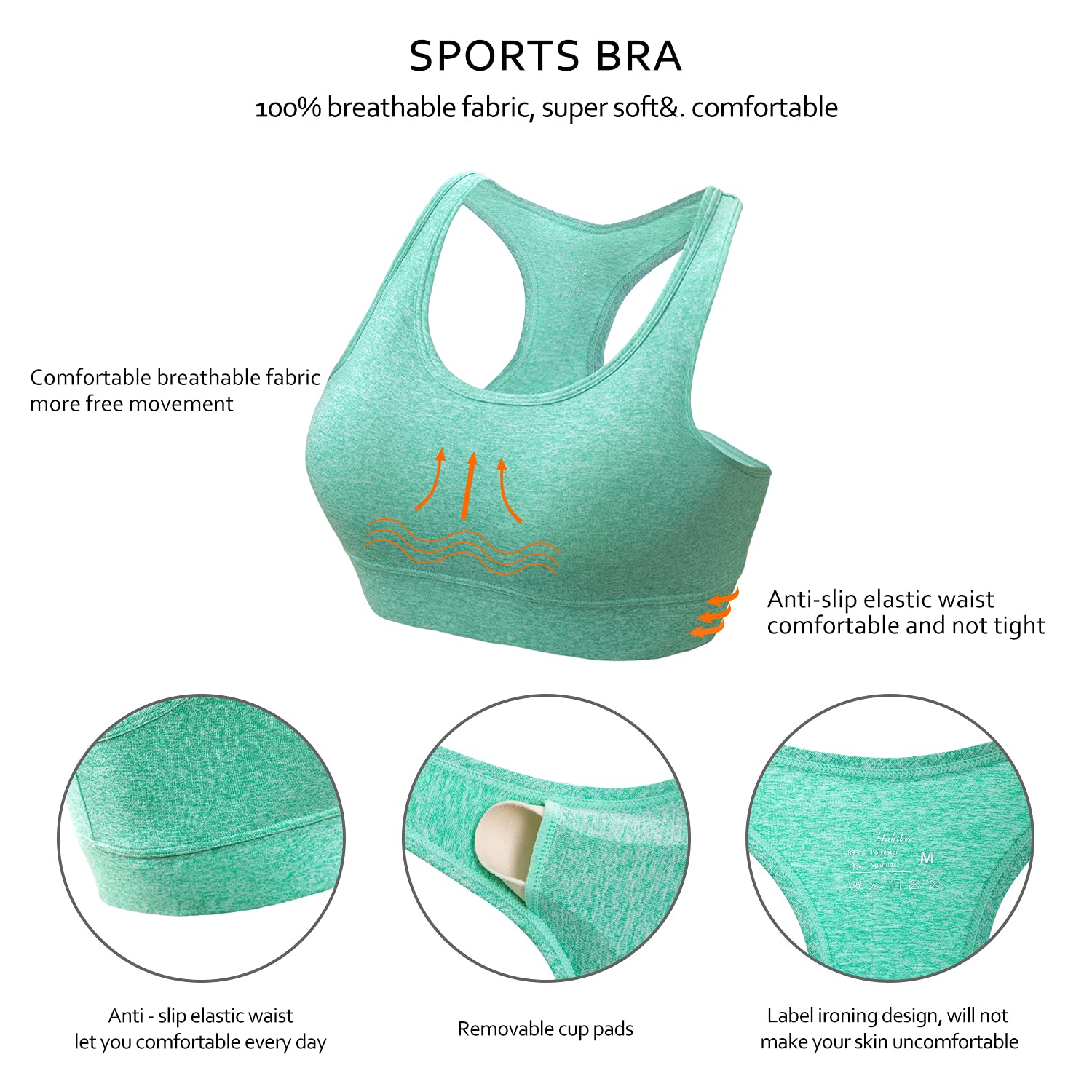 HBlife Sports Bras for Women, Seamless Racerback Bra with Removable Padded, Medium Support Bra for Yoga Workout Fitness