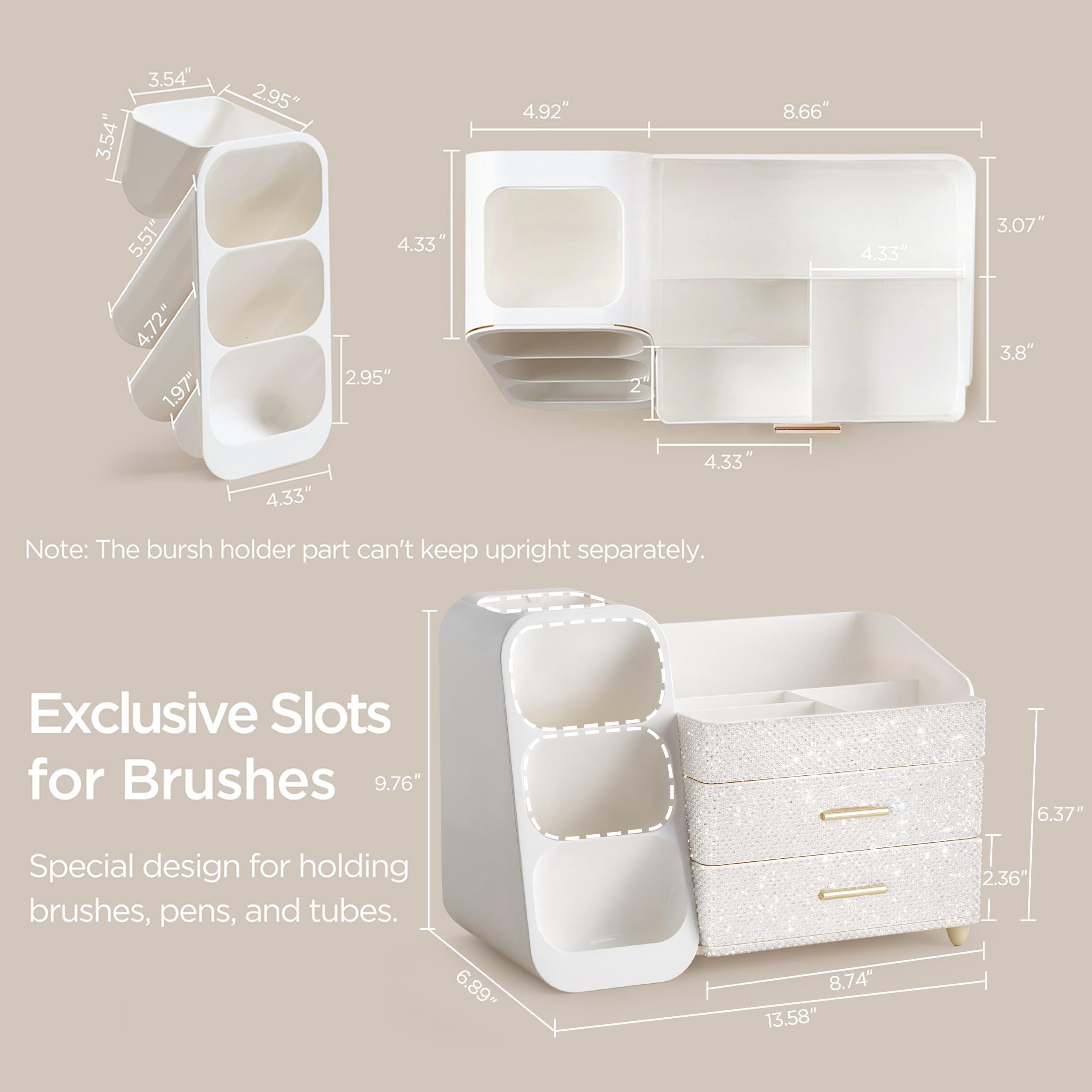 HBlife Makeup Organizer with Brush Holder for Vanity, Large Plastic Bathroom Countertop Organizer Skin Care Storage, Easy to Store Lipsticks, Nail Polishes, Perfumes, Eyeshadow Palettes, All Beige