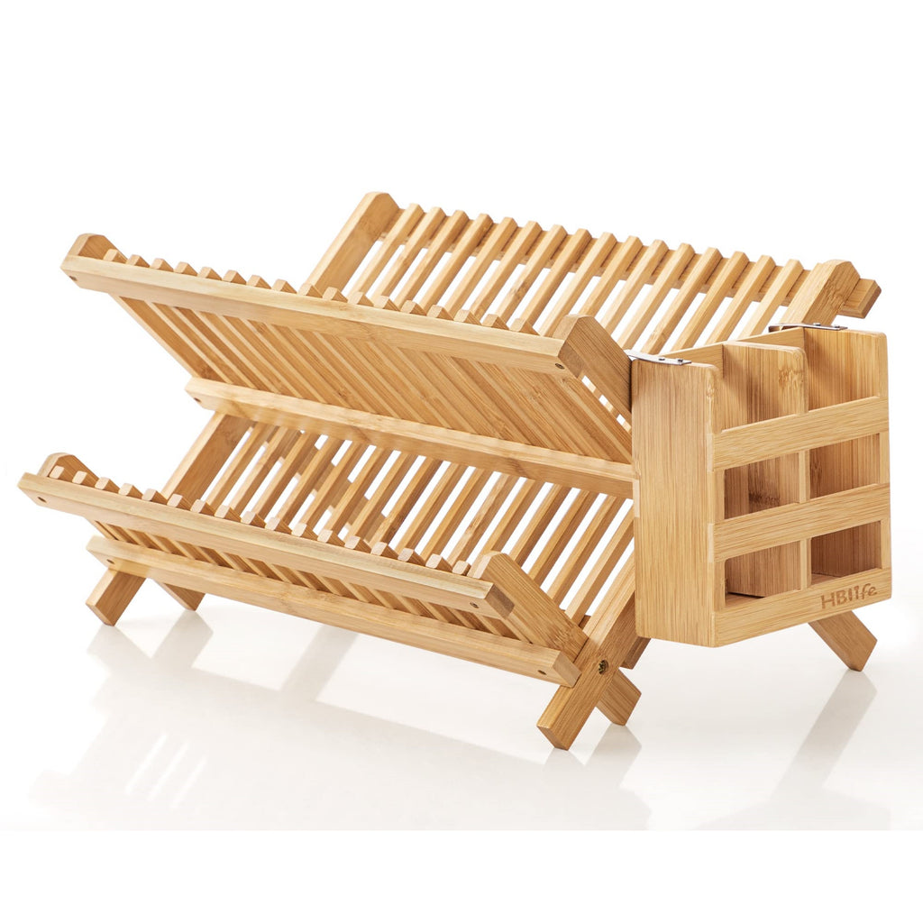 HBlife Dish Rack, Bamboo Folding 2-Tier Collapsible Drainer Dish Drying Rack with Utensils Flatware Holder Set (Dish Rack with Utensil Holder)