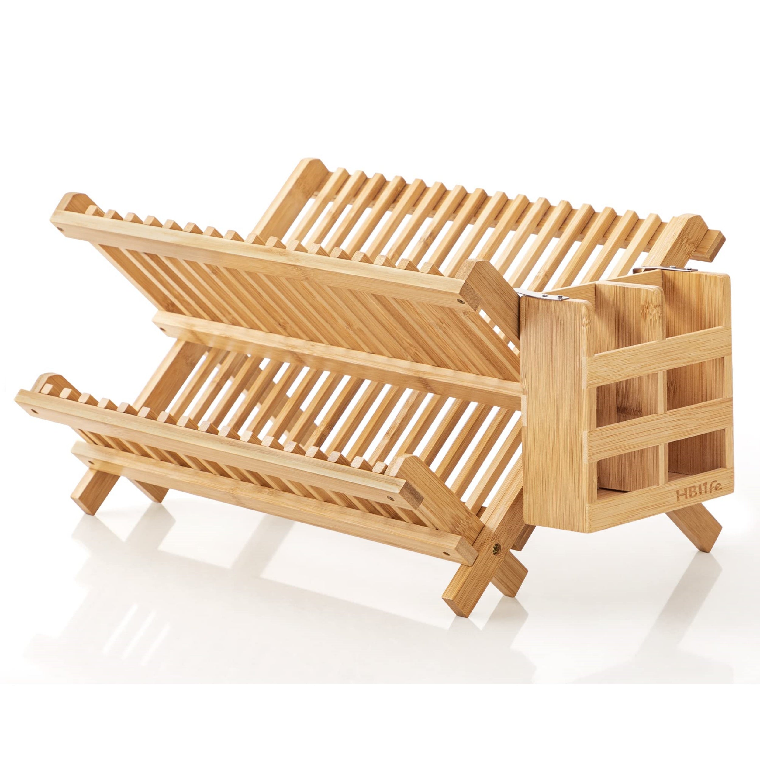 HBlife Dish Rack, Bamboo Folding 2-Tier Collapsible Drainer Dish Drying Rack with Utensils Flatware Holder Set (Dish Rack with Utensil Holder)