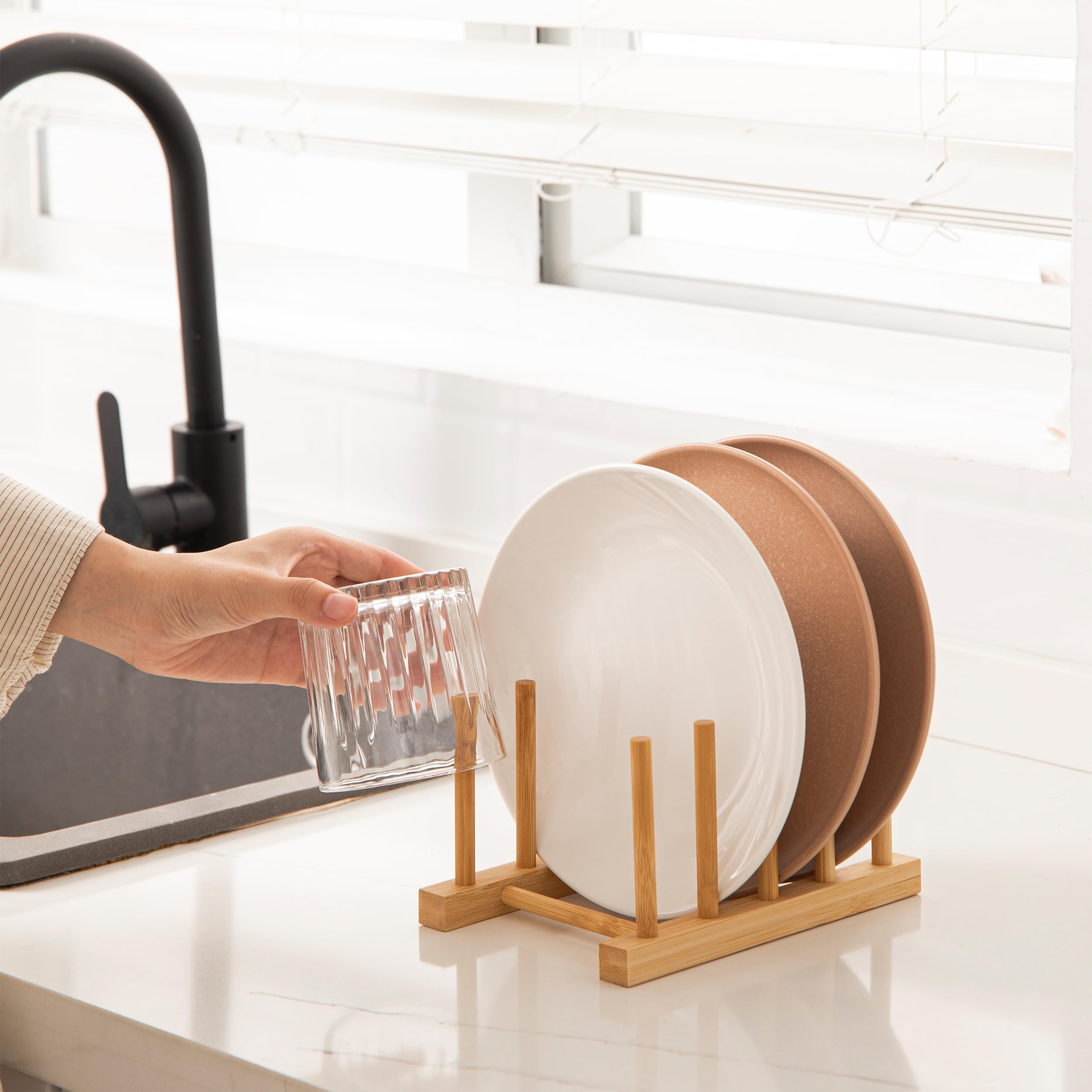 HBlife Acacia Wooden Dish Dying Rack Pot Lid Plate Organizer Holder for Cabinet, Cutting Board Stand Drainer Storage Plate Rack for Dish, Pot Lid, Bowl, Cup, Cutting Board and Books
