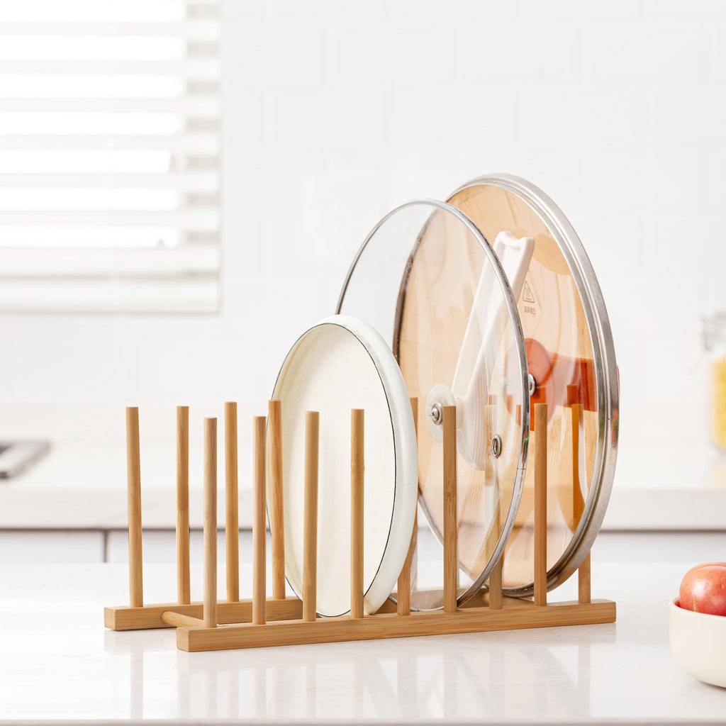HBlife Heighten and Widen Bamboo Dish Drying Rack Plate Bowl Cup Book Pot Lid Cutting Board Stand Drainer Storage Holder Organizer for Kitchen Cabinet