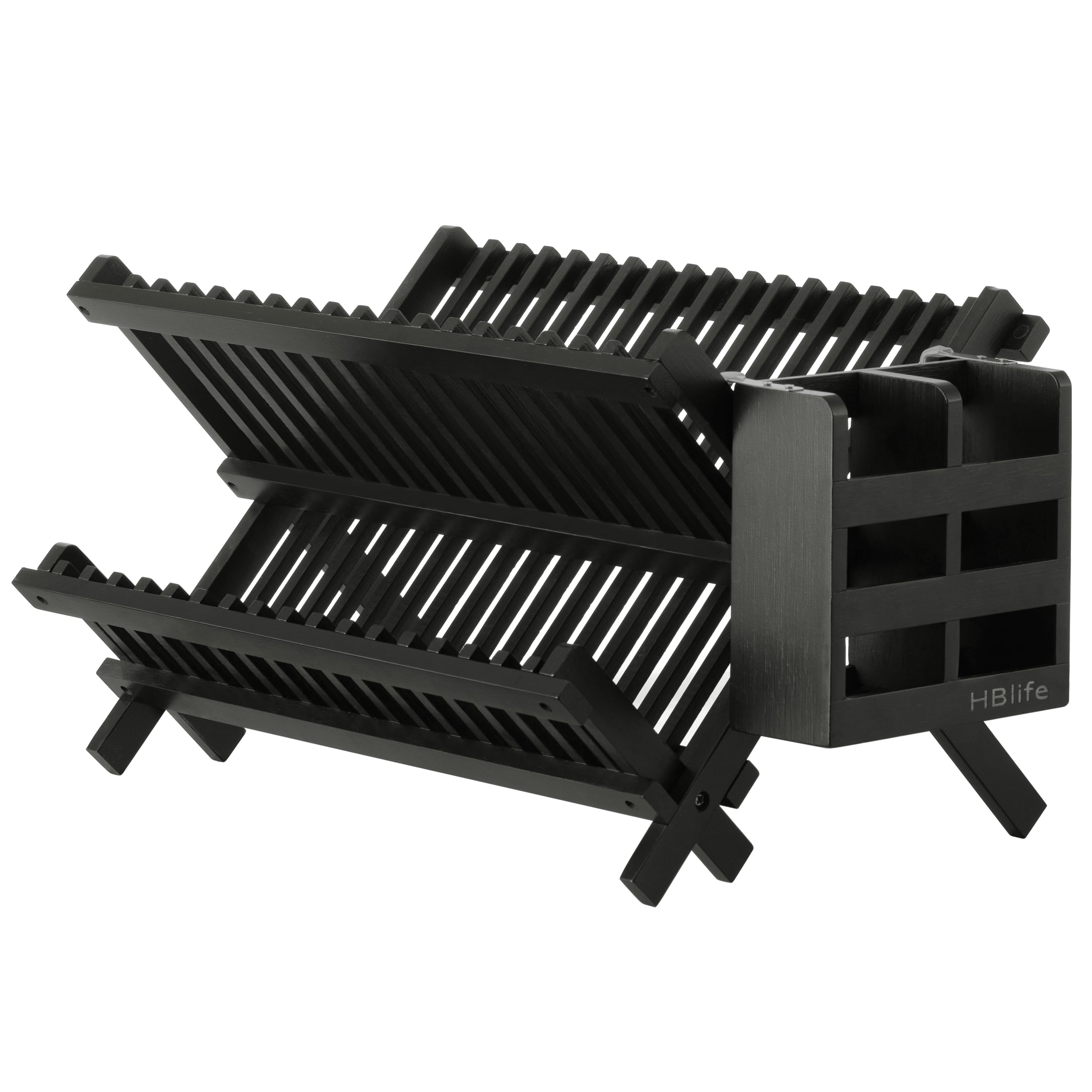 HBlife Dish Rack, Bamboo Folding 2-Tier Collapsible Drainer Dish Drying Rack with Utensils Flatware Holder Set (Dish Rack with Utensil Holder)