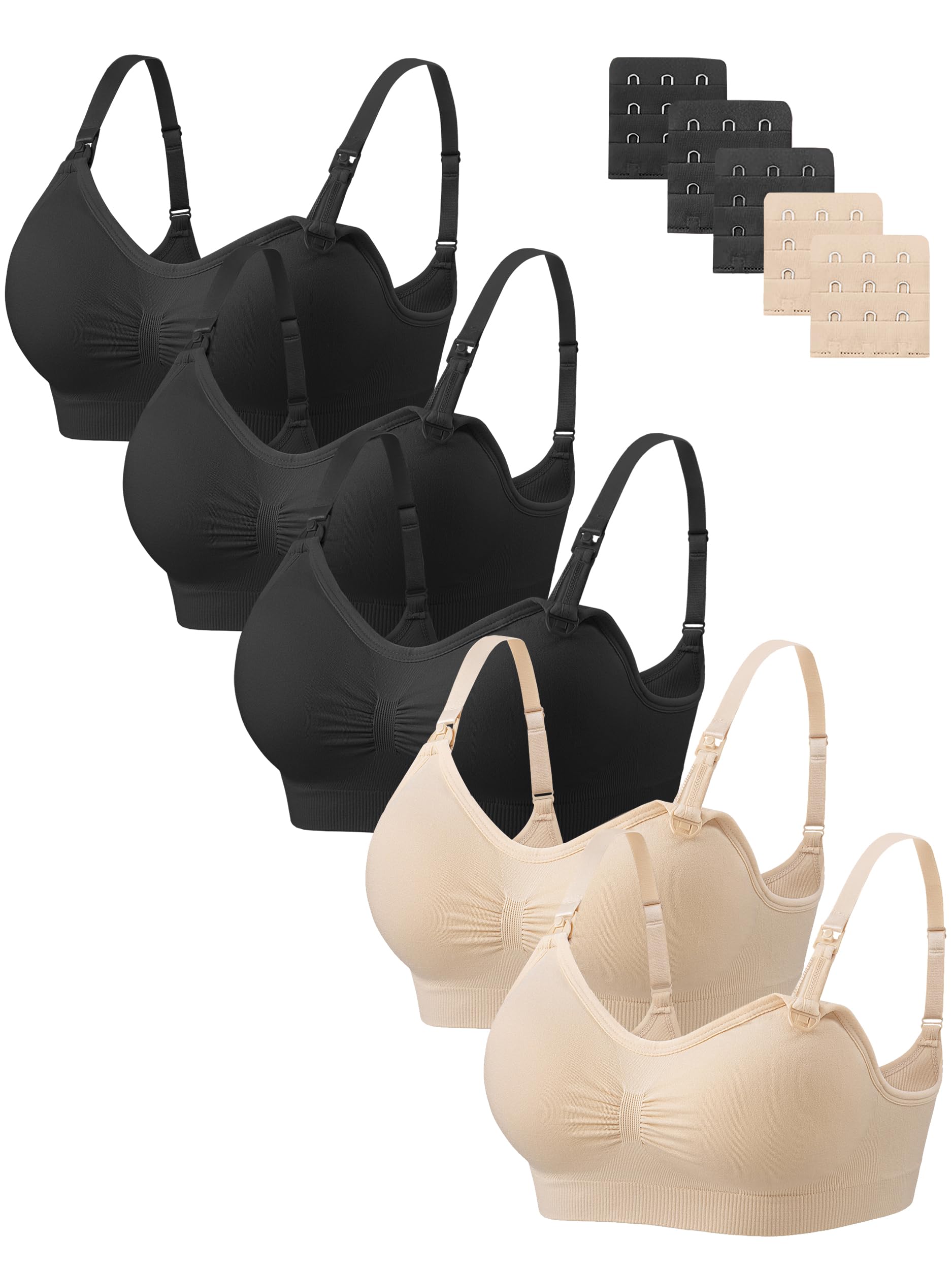 Angelhood Women Nursing Bras for Breastfeeding 5 Pack, Maternity Sleep Bra | Seamless Pregnancy Full Bust Bralettes with Extenders, Wireless V Neck Bralette, Ultra Comfort Postpartum Essentials Bra Pack