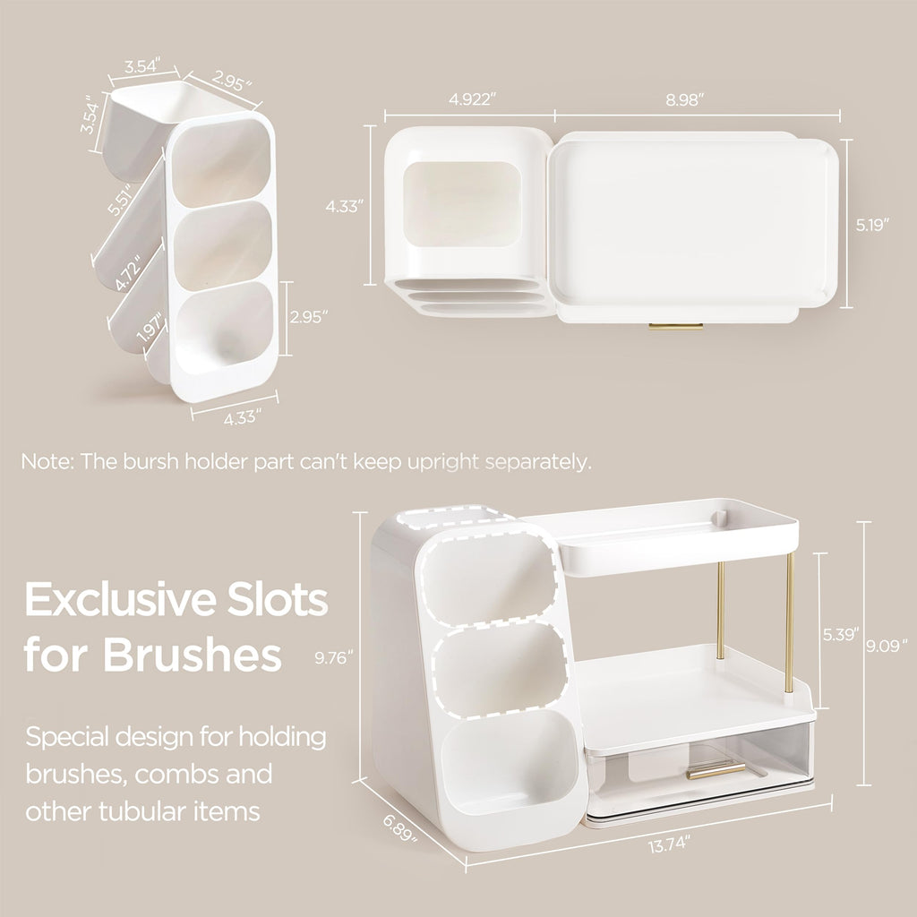HBlife Makeup Organizer with Brush Holder for Vanity, Large Plastic Bathroom Countertop Organizer Skin Care Storage, Easy to Store Lipsticks, Nail Polishes, Perfumes, Eyeshadow Palettes, All Beige