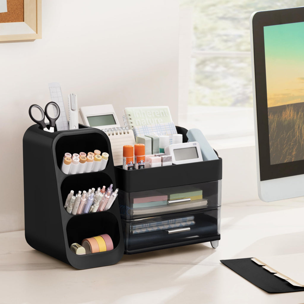 HBlife Desk Organizer with Pen Pencil Holder for Desk, Pen Organizer with 2 Drawers, Desk Organizers and Accessories with 4 Compartments, Desktop Storage for Office Home School Art Supplies, Beige