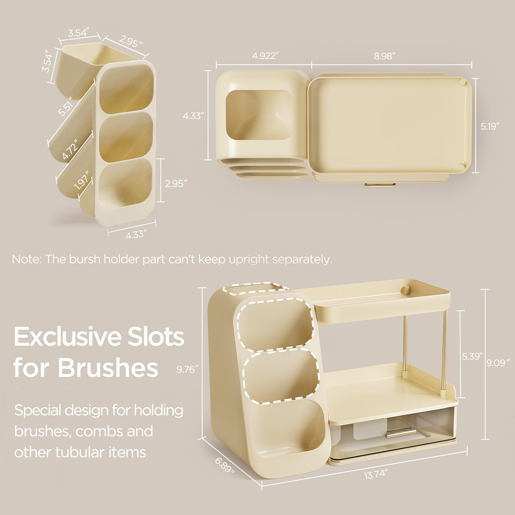 HBlife Makeup Organizer with Brush Holder for Vanity, Large Plastic Bathroom Countertop Organizer Skin Care Storage, Easy to Store Lipsticks, Nail Polishes, Perfumes, Eyeshadow Palettes, All Beige