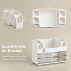 HBlife Makeup Organizer for Vanity with Brush Holder, Large Bathroom Countertop Cosmetic Organizer Skin Care Storage, Easy to Store Lipsticks, Nail Polishes, Perfumes, Eyeshadow Palettes, All White