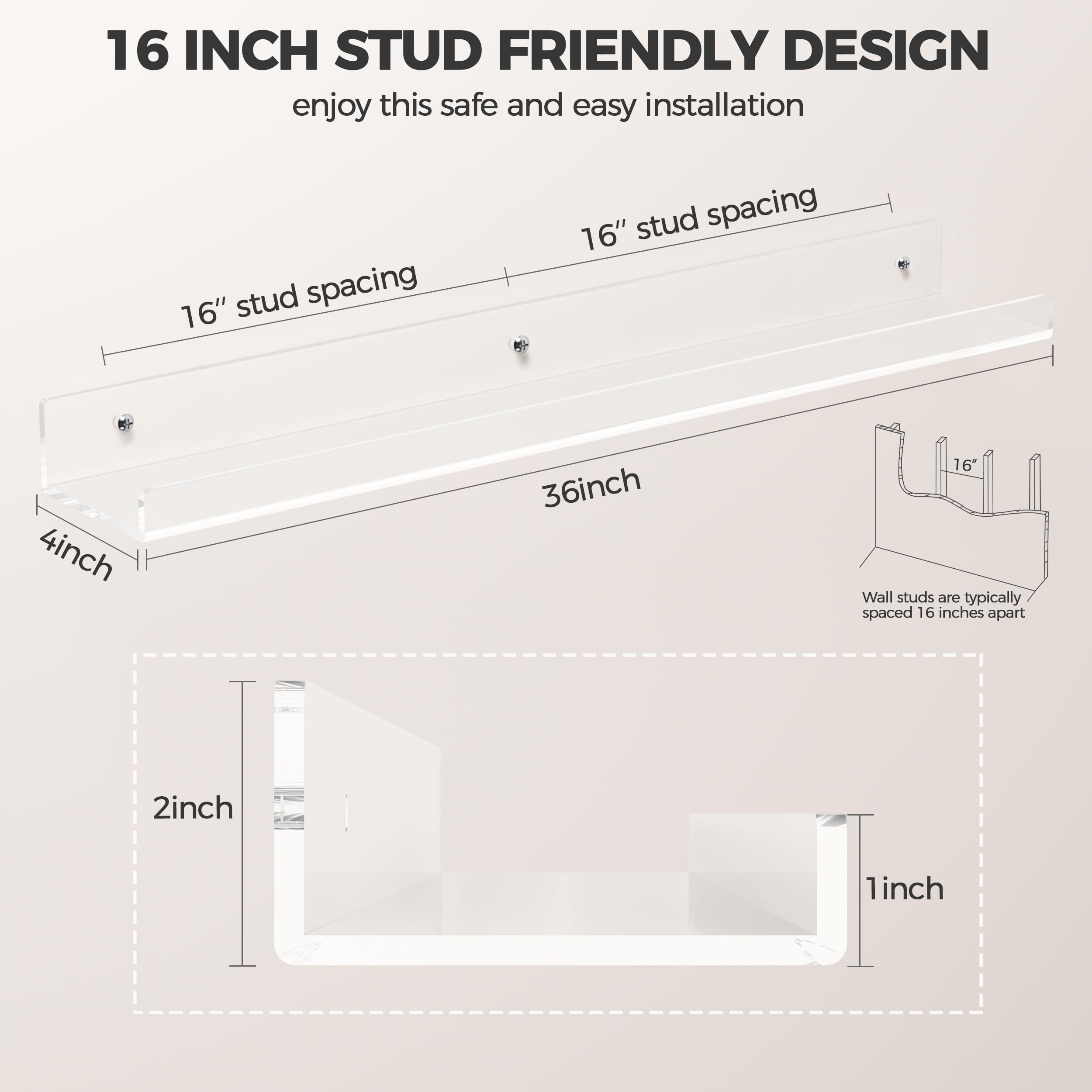 HBlife 24 Inches Floating Shelves Wall Mounted Clear Acrylic Shelves for Figures, 16 Inch Stud Spacing Invisible Floating Bookshelf for Kids and Nursery, 2 Pack (5MM Thick)