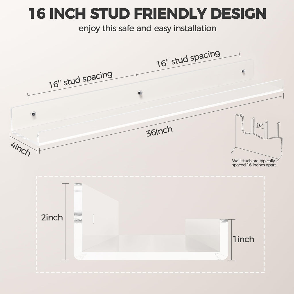 HBlife 24 Inches Floating Shelves Wall Mounted Clear Acrylic Shelves for Figures, 16 Inch Stud Spacing Invisible Floating Bookshelf for Kids and Nursery, 2 Pack (5MM Thick)