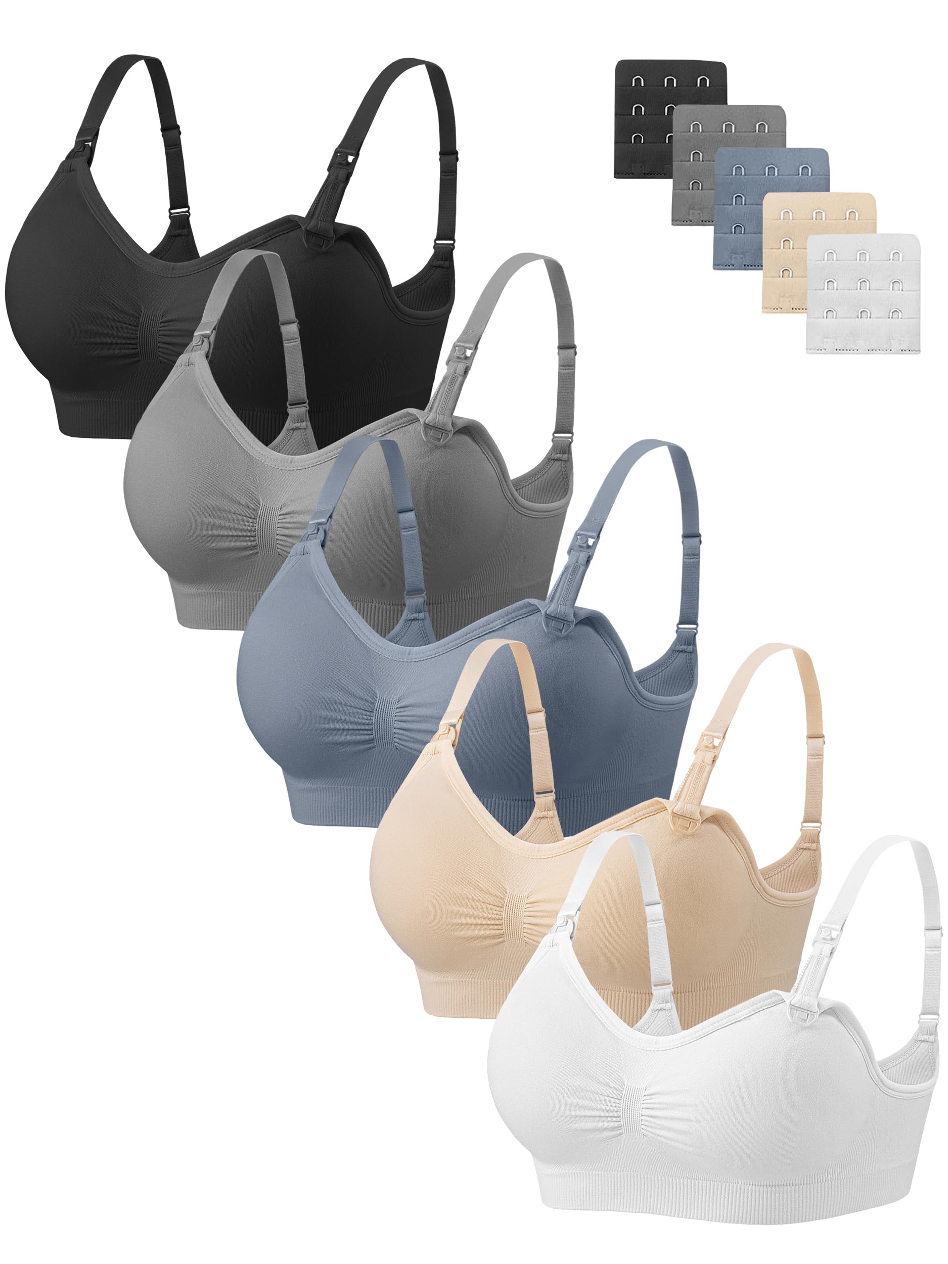 Angelhood Women Nursing Bras for Breastfeeding 5 Pack, Maternity Sleep Bra | Seamless Pregnancy Full Bust Bralettes with Extenders, Wireless V Neck Bralette, Ultra Comfort Postpartum Essentials Bra Pack
