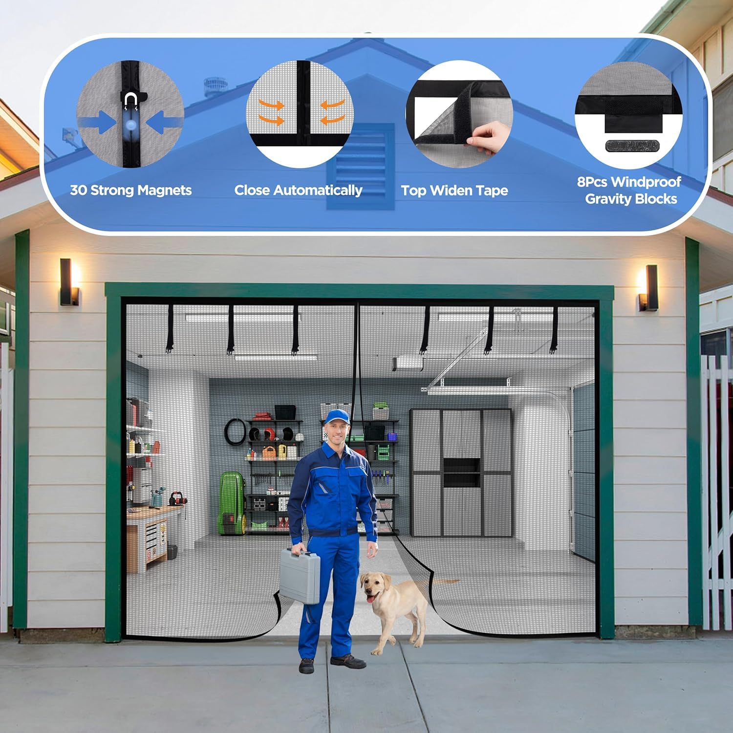 HBlife Garage Screen Doors for 1 Car Garage,7x7FT Fiberglass Magnetic Garage Door Screen, Hands Free Retractable Garage Net Screen Door Mesh with 6 Roll Up Starps and 26 Magnets for Patio, Gym, Porch