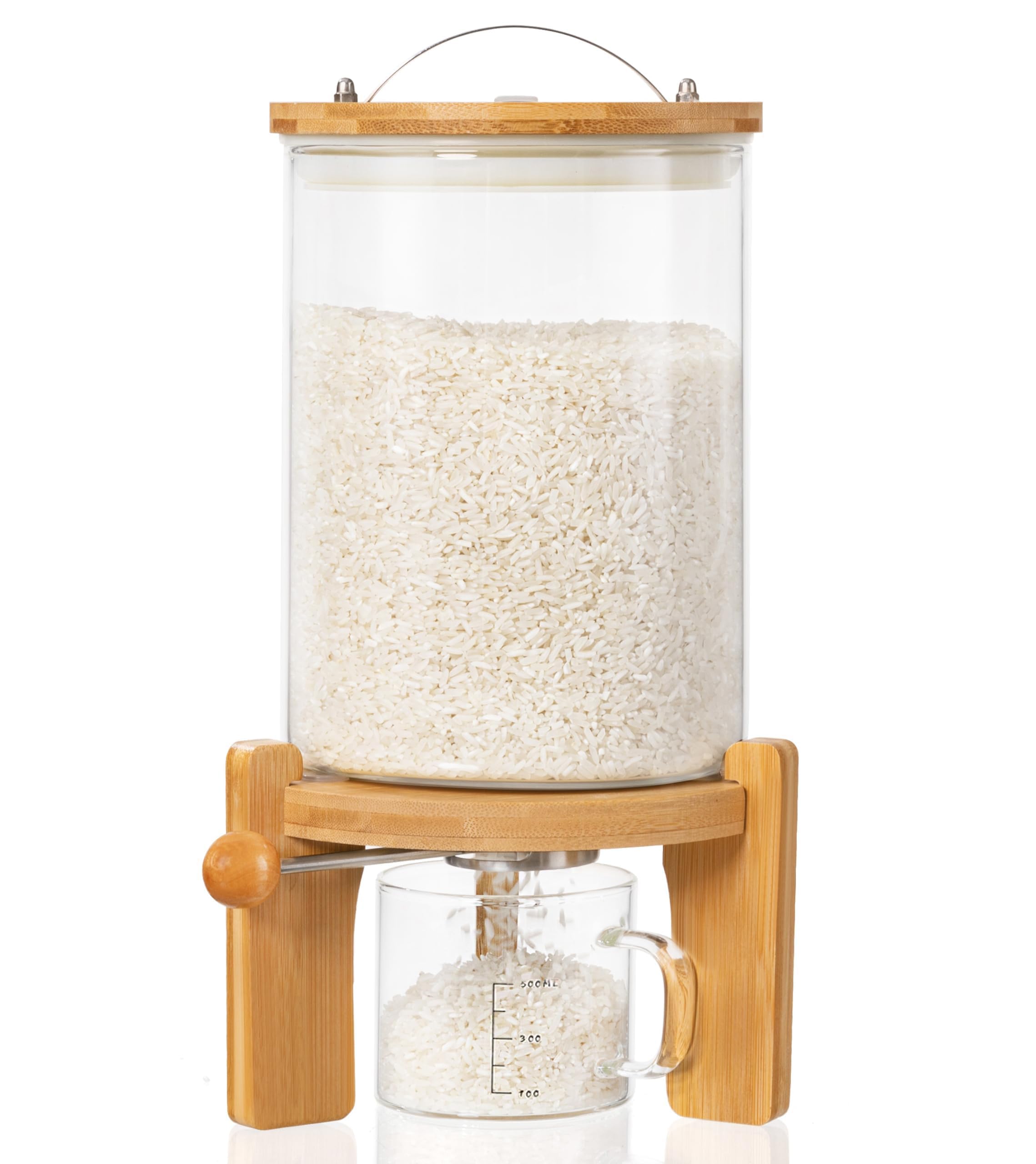 HBlife 5-7 Lbs Glass Rice Dispenser with Wooden Stand Flour and Cereal Container with Glass Measuring Cup Pantry Food Organization Storage Bin with Airtight Bamboo Lid, 3L