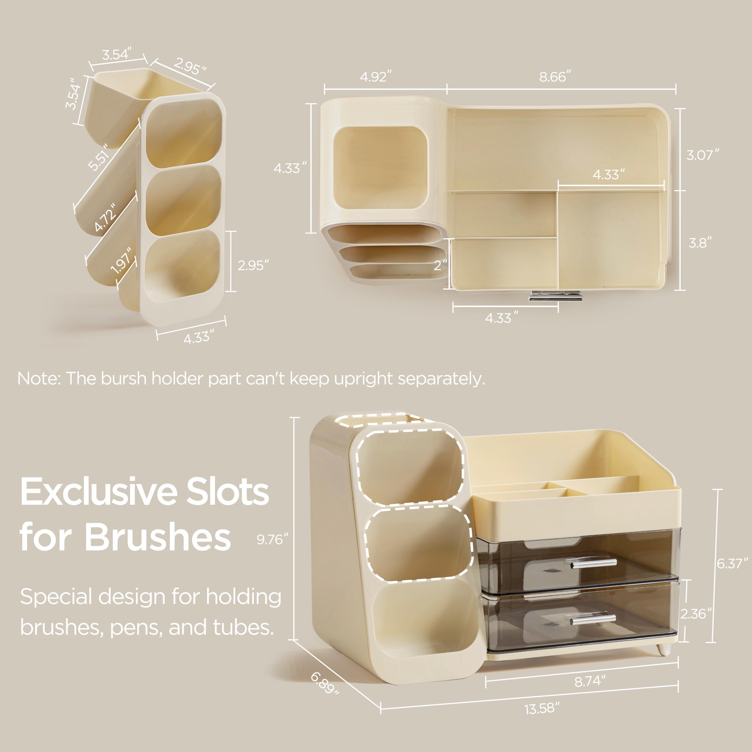 HBlife Makeup Organizer with Brush Holder for Vanity, Large Plastic Bathroom Countertop Organizer Skin Care Storage, Easy to Store Lipsticks, Nail Polishes, Perfumes, Eyeshadow Palettes, All Beige