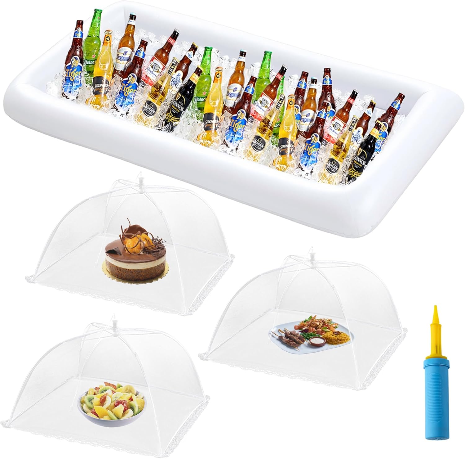 HBlife Inflatable Serving Bar with Jumbo Mesh Food Cover, Party Supplies for Picnics BBQ Gathering, 1 Inflatable Cooler, 1 Large Food Tents Food Covers for Outside