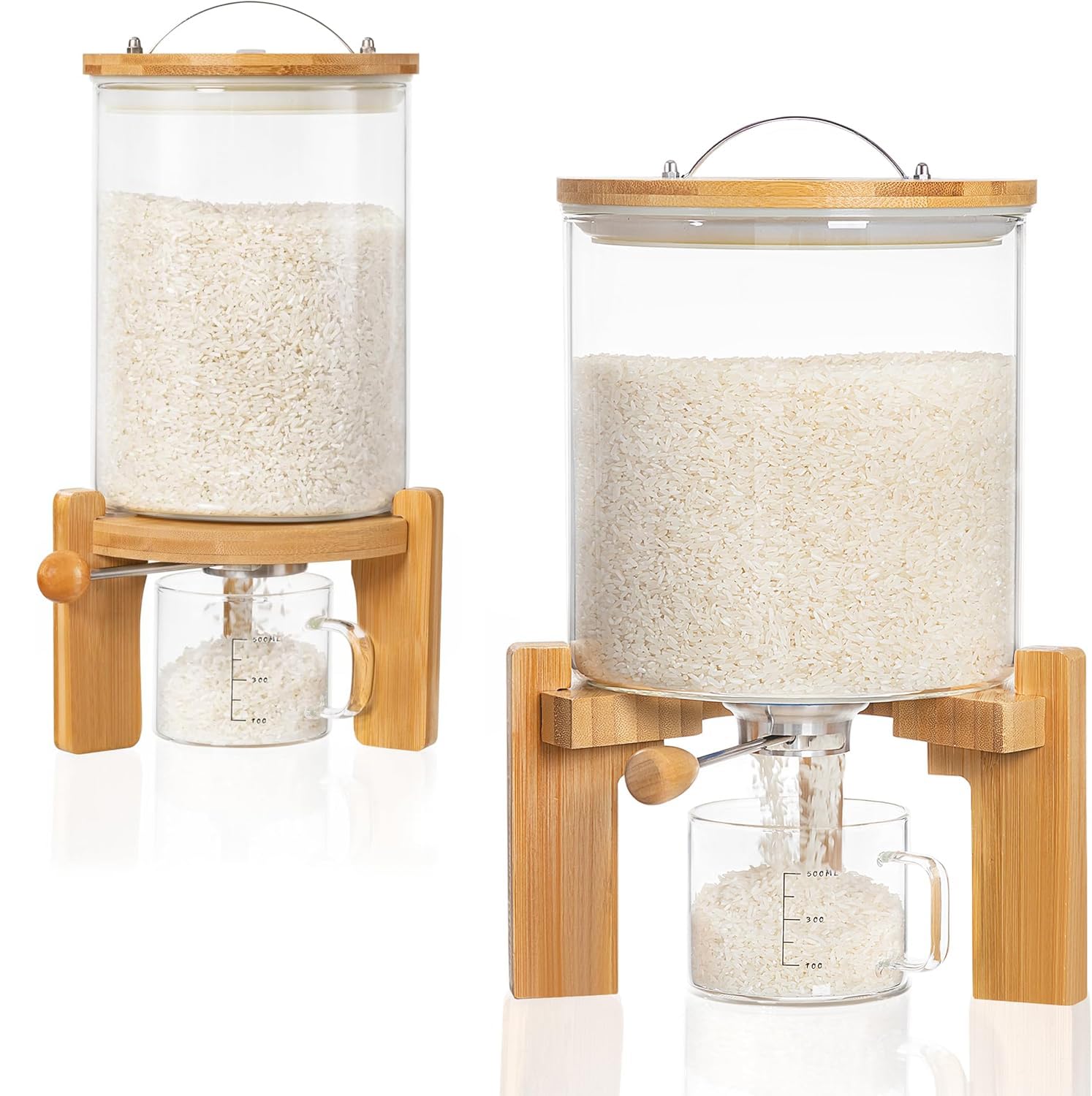 HBlife 5-7 Lbs Glass Rice Dispenser with Wooden Stand Flour and Cereal Container with Glass Measuring Cup Pantry Food Organization Storage Bin with Airtight Bamboo Lid, 3L