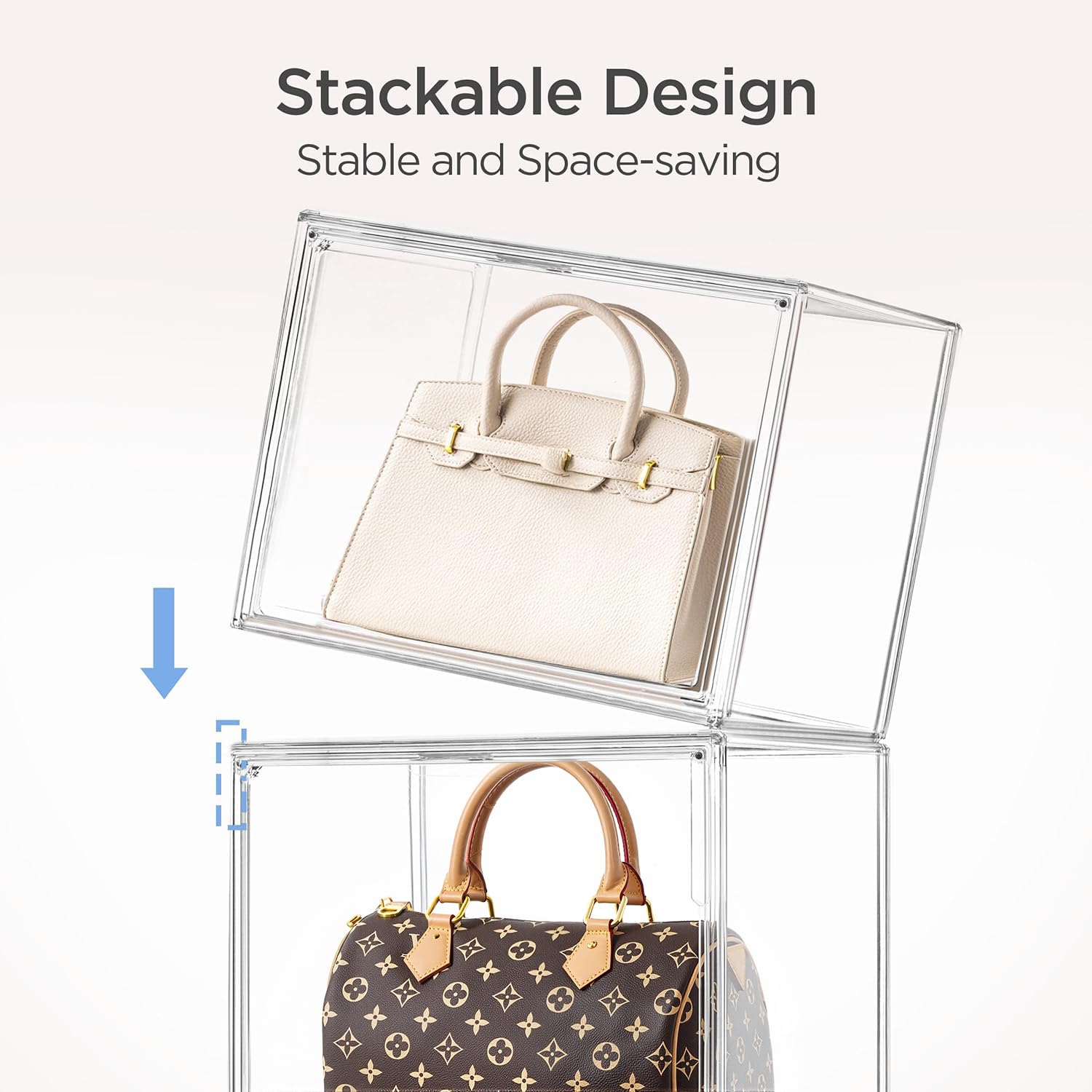 HBlife 10 Pack Purse Storage Organizer for Closet, Large Clear Stackable Handbag Display Case Box with Magnetic Door for Collectibles, Cosmetics, Women Heels and Toys