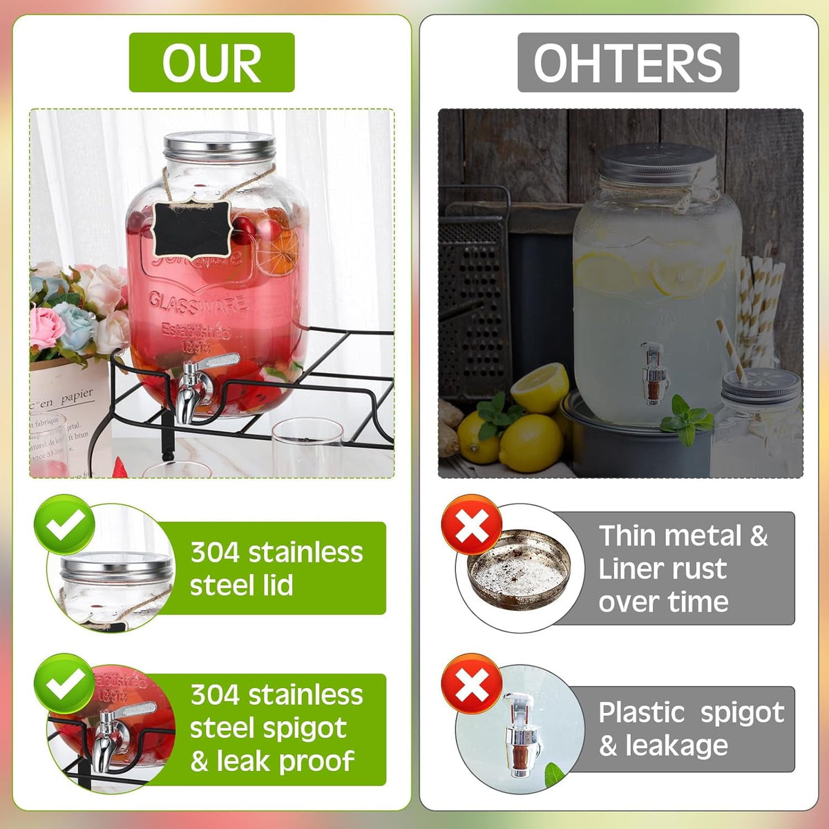 HBlife 1 Gallon Glass Drink Dispenser, Beverage Dispenser with Stand, Stainless Steel Spigot, and Ice Cylinder,2 Pack