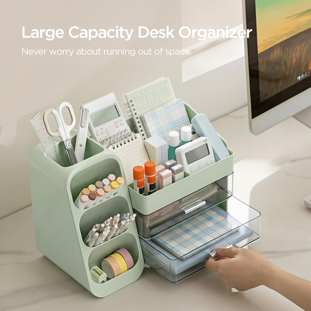 HBlife Desk Organizer with Pen Pencil Holder for Desk, Pen Organizer with 2 Drawers, Desk Organizers and Accessories with 4 Compartments, Desktop Storage for Office Home School Art Supplies, Beige