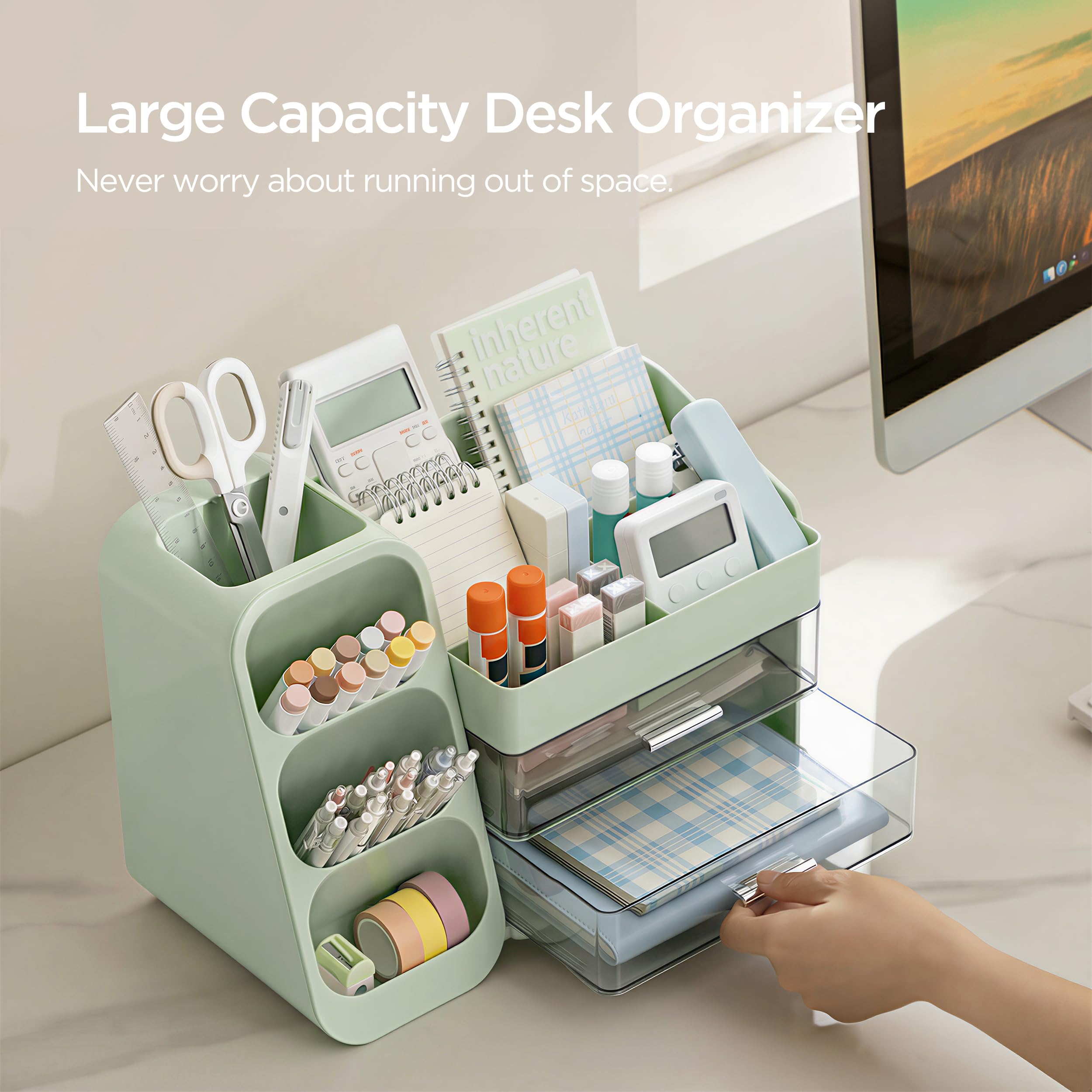 HBlife Desk Organizer with Pen Pencil Holder for Desk, Pen Organizer with 2 Drawers, Desk Organizers and Accessories with 4 Compartments, Desktop Storage for Office Home School Art Supplies, Beige