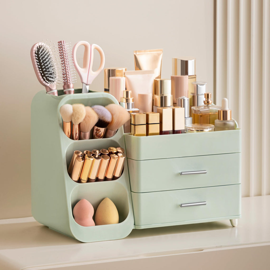 HBlife Makeup Organizer with Brush Holder for Vanity, Large Plastic Bathroom Countertop Organizer Skin Care Storage, Easy to Store Lipsticks, Nail Polishes, Perfumes, Eyeshadow Palettes, All Beige