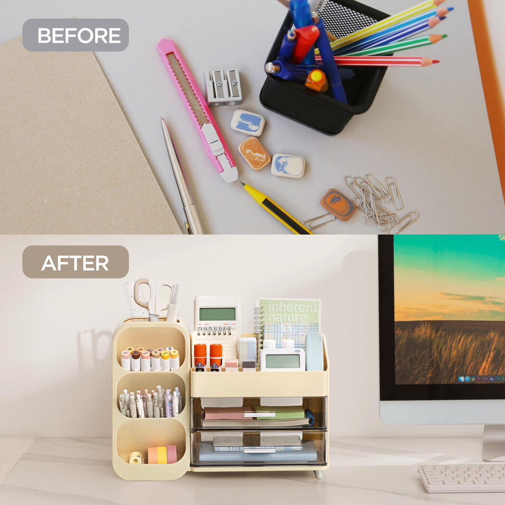 HBlife Desk Organizer with Pen Pencil Holder for Desk, Pen Organizer with 2 Drawers, Desk Organizers and Accessories with 4 Compartments, Desktop Storage for Office Home School Art Supplies, Beige