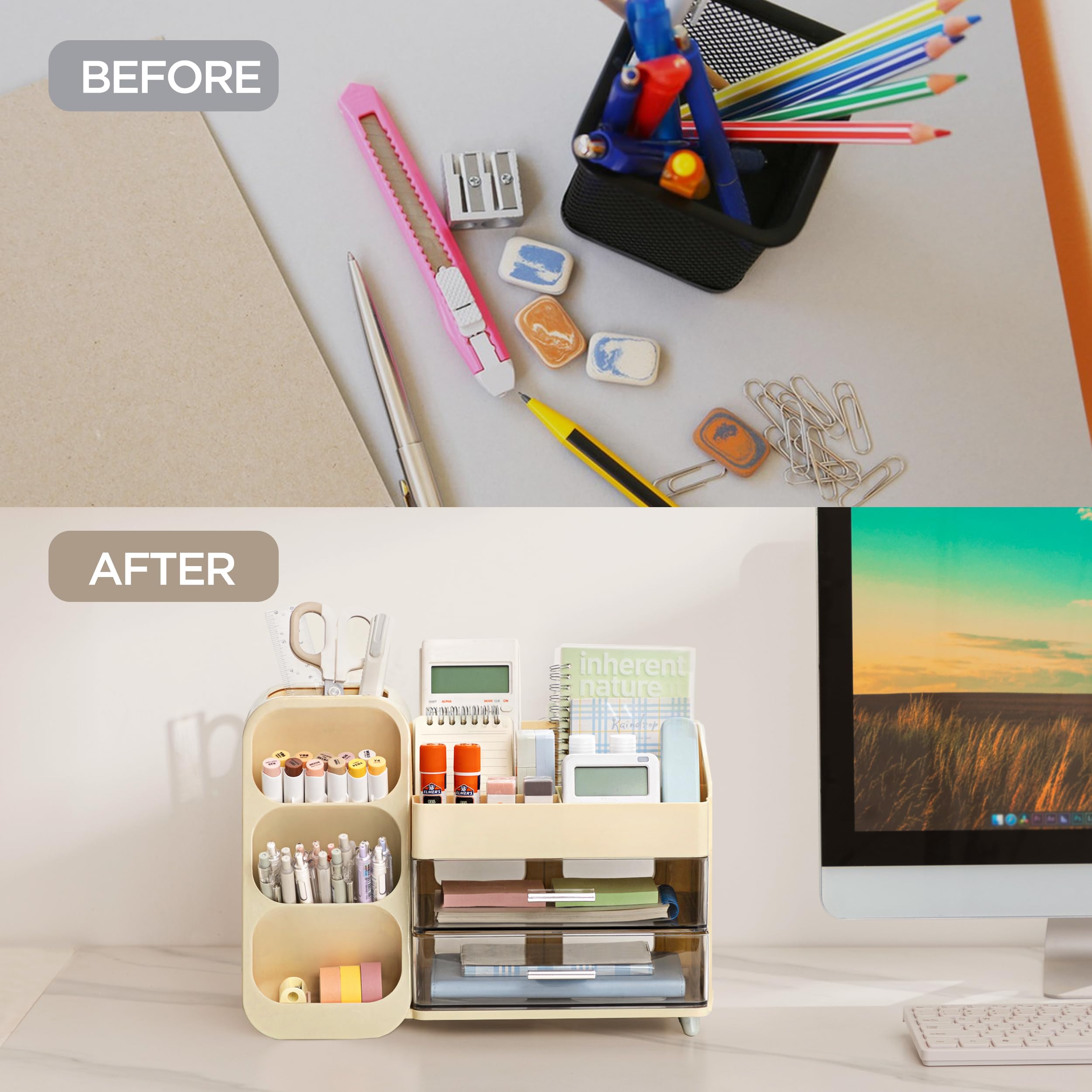 HBlife Desk Organizer with Pen Pencil Holder for Desk, Pen Organizer with 2 Drawers, Desk Organizers and Accessories with 4 Compartments, Desktop Storage for Office Home School Art Supplies, Beige