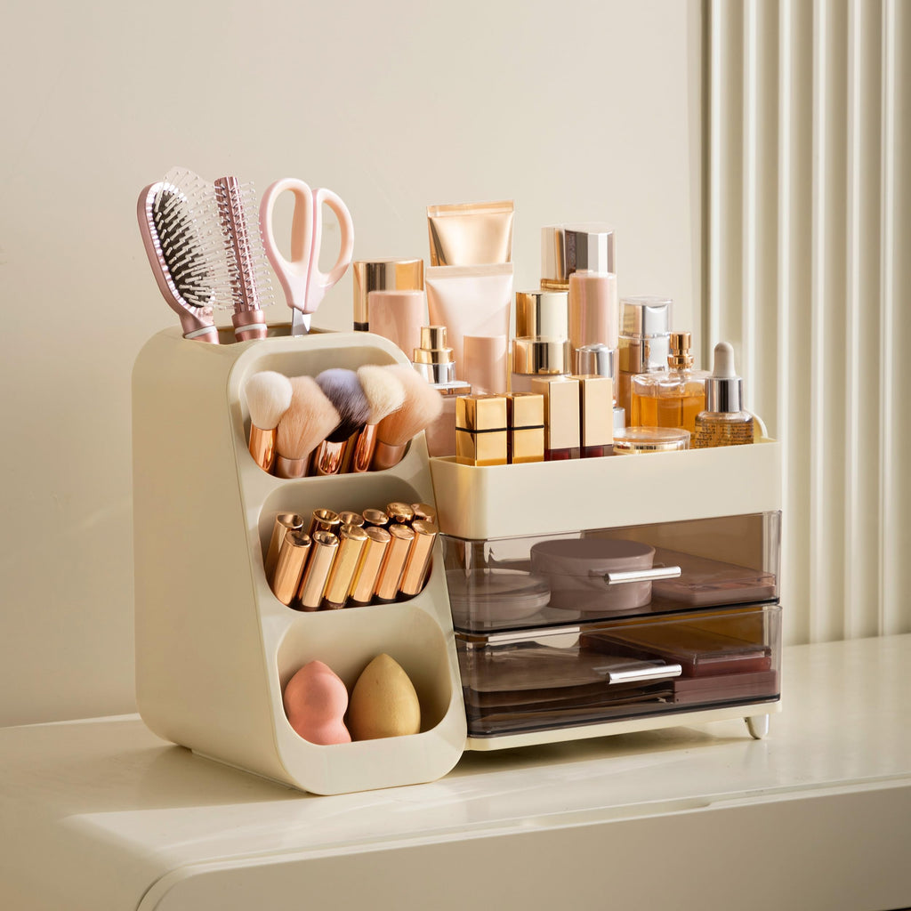 HBlife Makeup Organizer with Brush Holder for Vanity, Large Plastic Bathroom Countertop Organizer Skin Care Storage, Easy to Store Lipsticks, Nail Polishes, Perfumes, Eyeshadow Palettes, All Beige