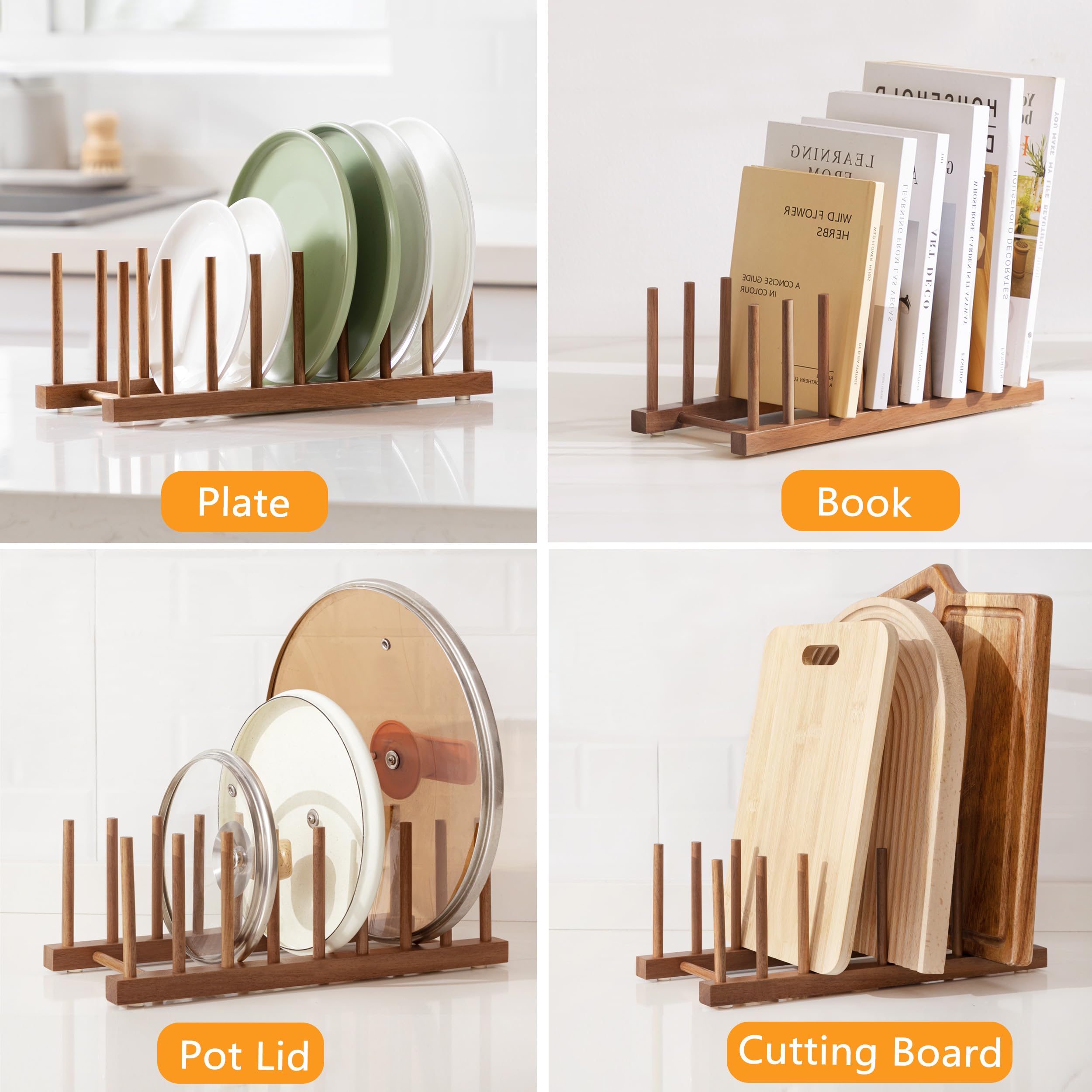 HBlife Acacia Wooden Dish Dying Rack Pot Lid Plate Organizer Holder for Cabinet, Cutting Board Stand Drainer Storage Plate Rack for Dish, Pot Lid, Bowl, Cup, Cutting Board and Books