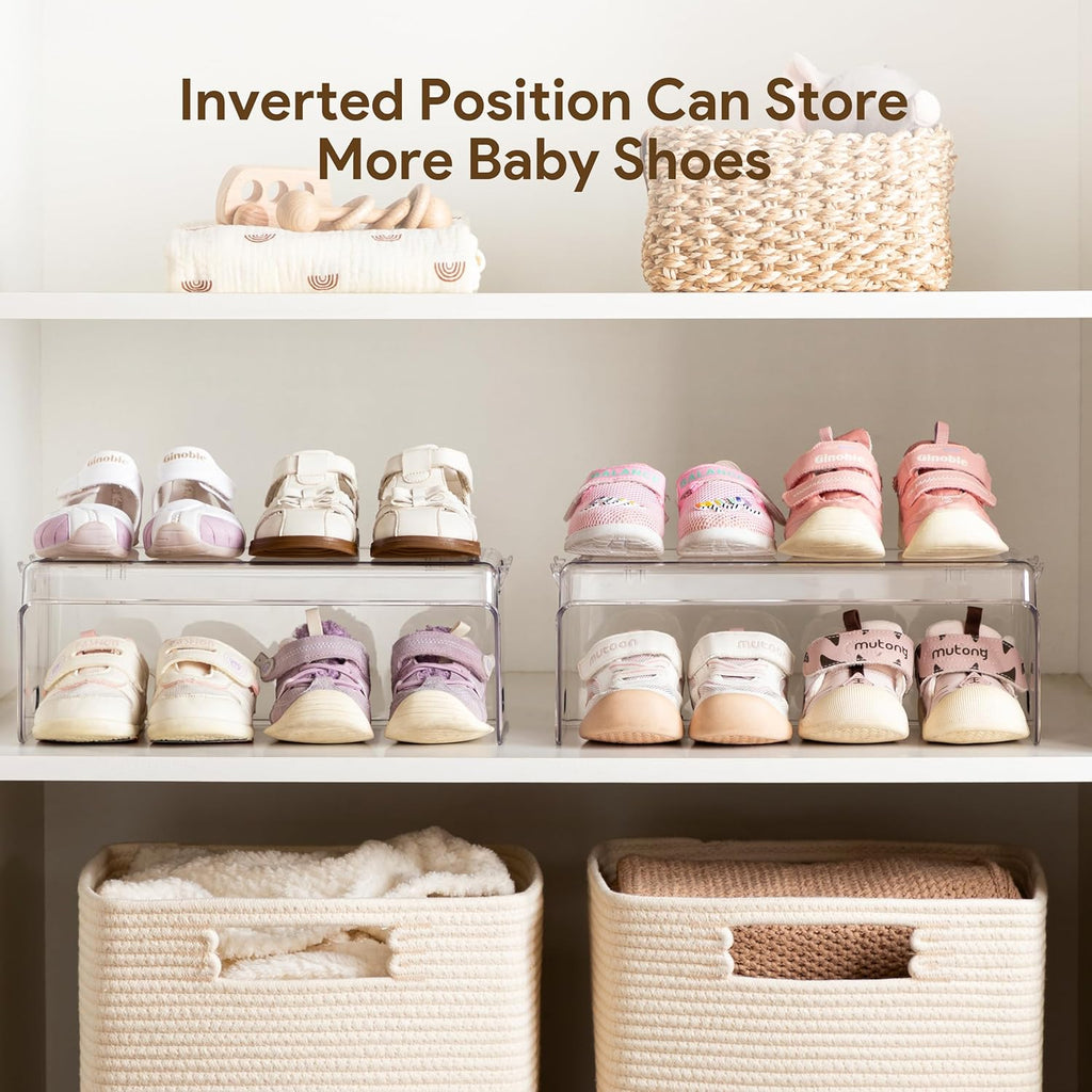 HBlife Clear Acrylic Kids Shoe Rack Baby Toddler Shoe Storage Organizer for Closet Floor Entryway Bedroom, 2 Tier Stackable Small Shoe Rack Shelf Display Stand
