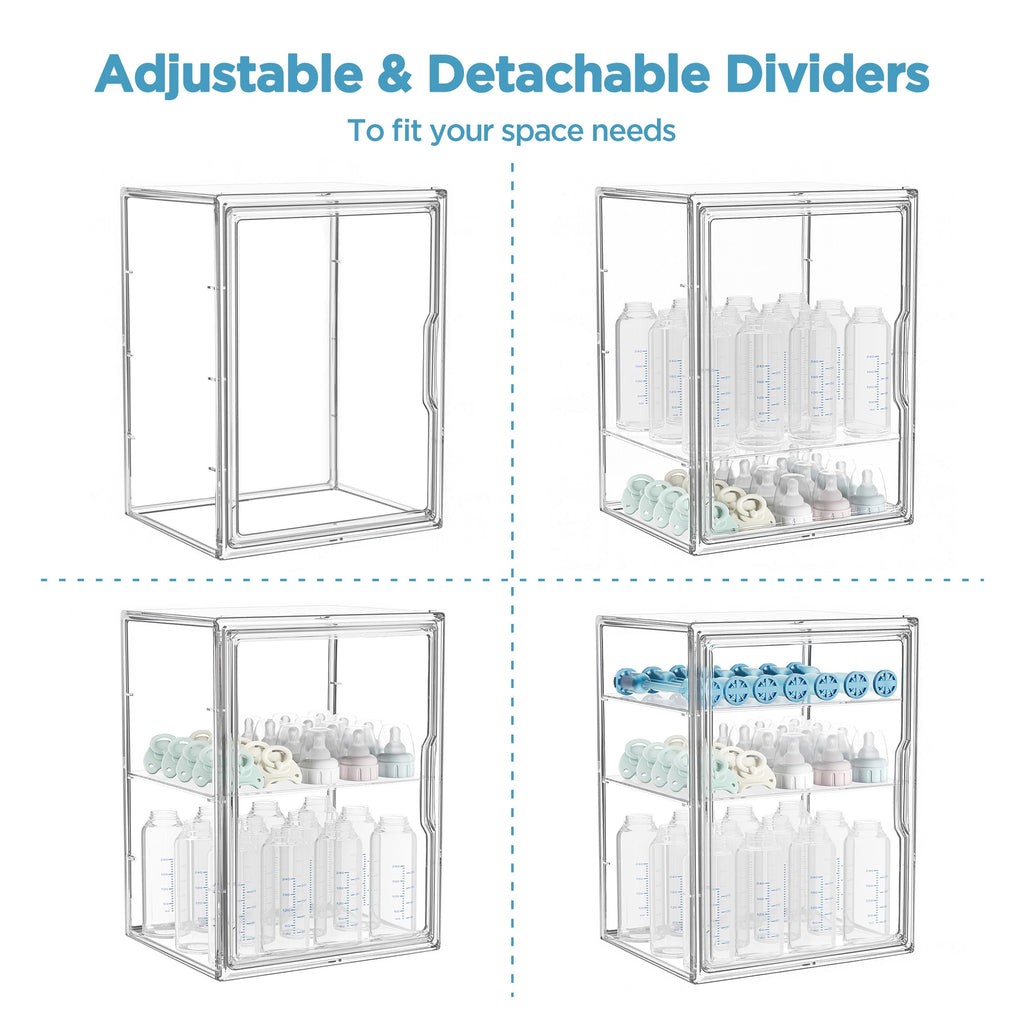 HBlife Baby Bottle Storage Organizer for Countertop Cabinet, 3 Tiers Adjustable Clear Acrylic Bottles Storage Station Case Box Container with 2 Removable Dividers and Magnetic Door, Large