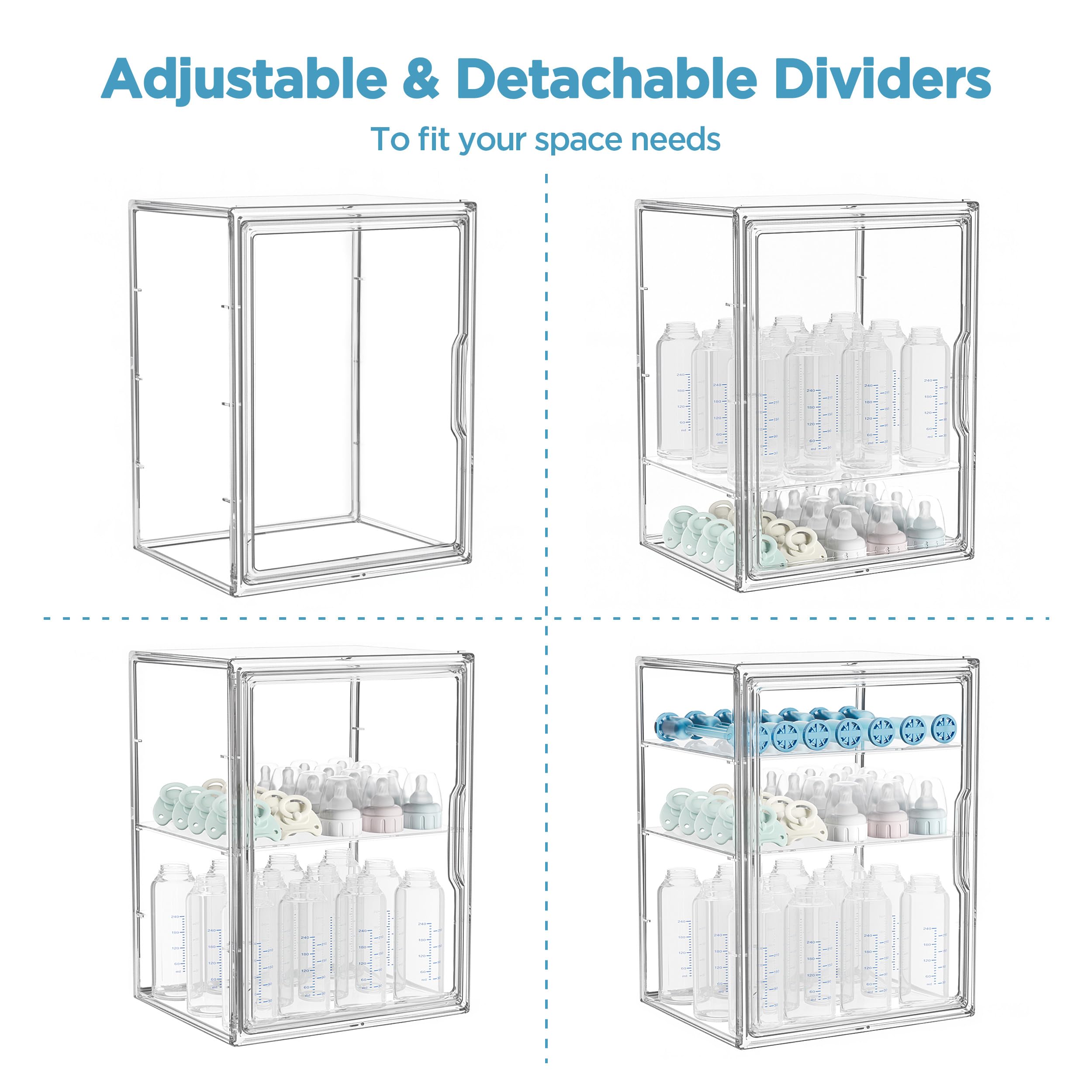 HBlife Baby Bottle Storage Organizer for Countertop Cabinet, 3 Tiers Adjustable Clear Acrylic Bottles Storage Station Case Box Container with 2 Removable Dividers and Magnetic Door, Large